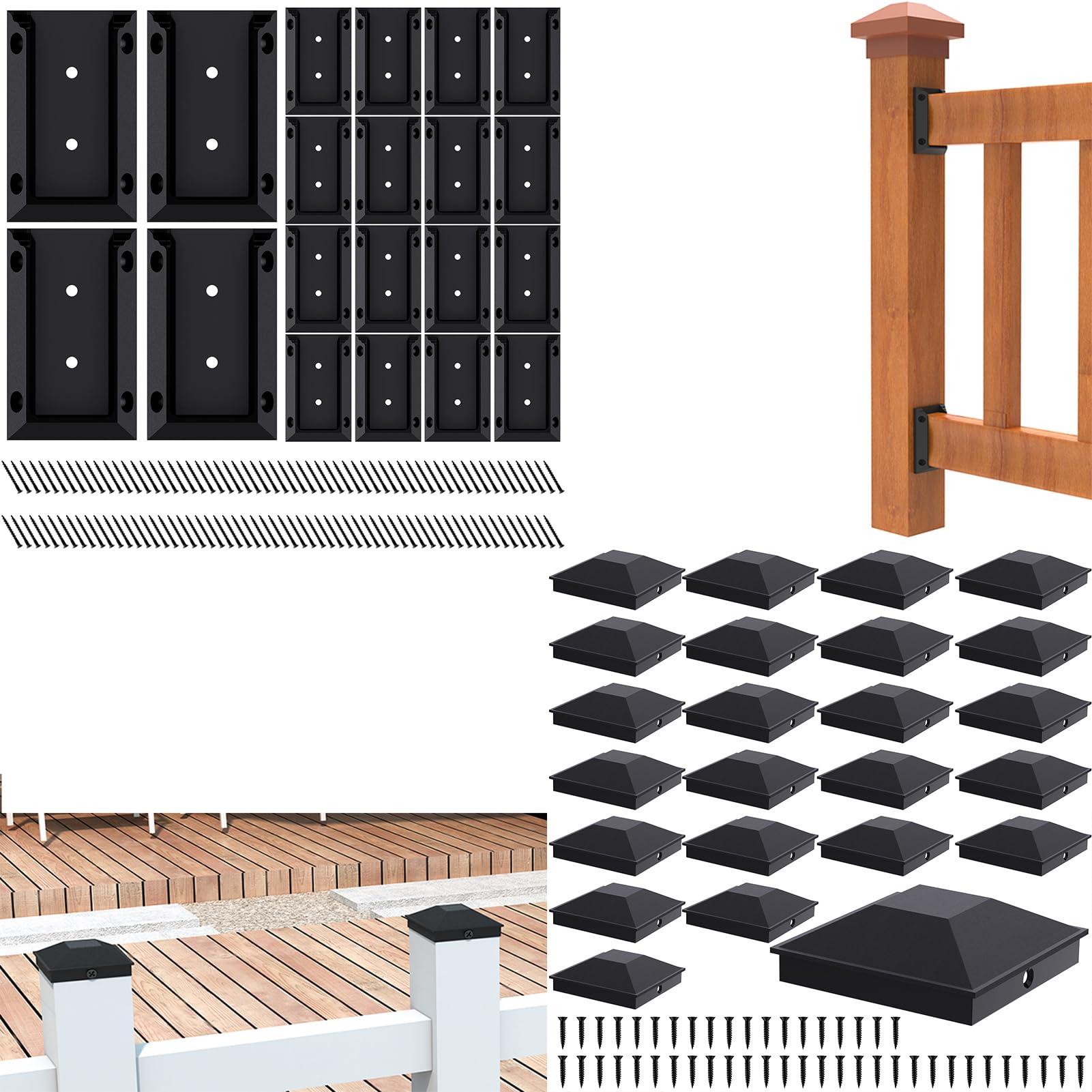 Goovilla20 Pack 2x4 Deck Railing Bracket Connectors with 120 PCS Screws, 24 Pack 4x4 Post Caps with 48 Screws, Both for Wood Post