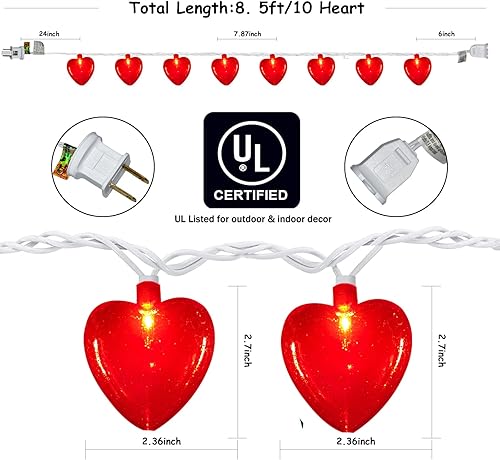 Miniatura 2 de Guirnalda de luces de hadas de corazón rojo de 8.5 pies, luces de decoración del día de San Valentín con 10 luces de corazón 3D rojas, luz de