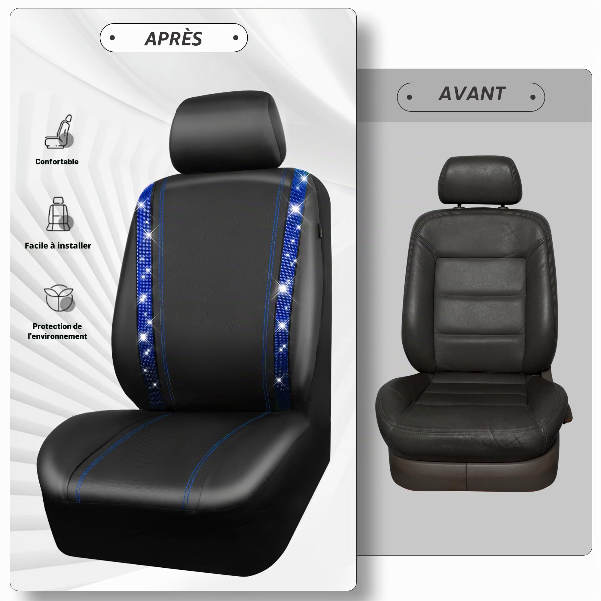 CAR PASS Housses siège Voiture en Cuir imperméable, Bling Diamant Brillant Cristal Scintillant, Universel pour 95% de Toutes Les Automobiles Camions SUV, Femmes Hommes(Ensemble Complet, Bleu)