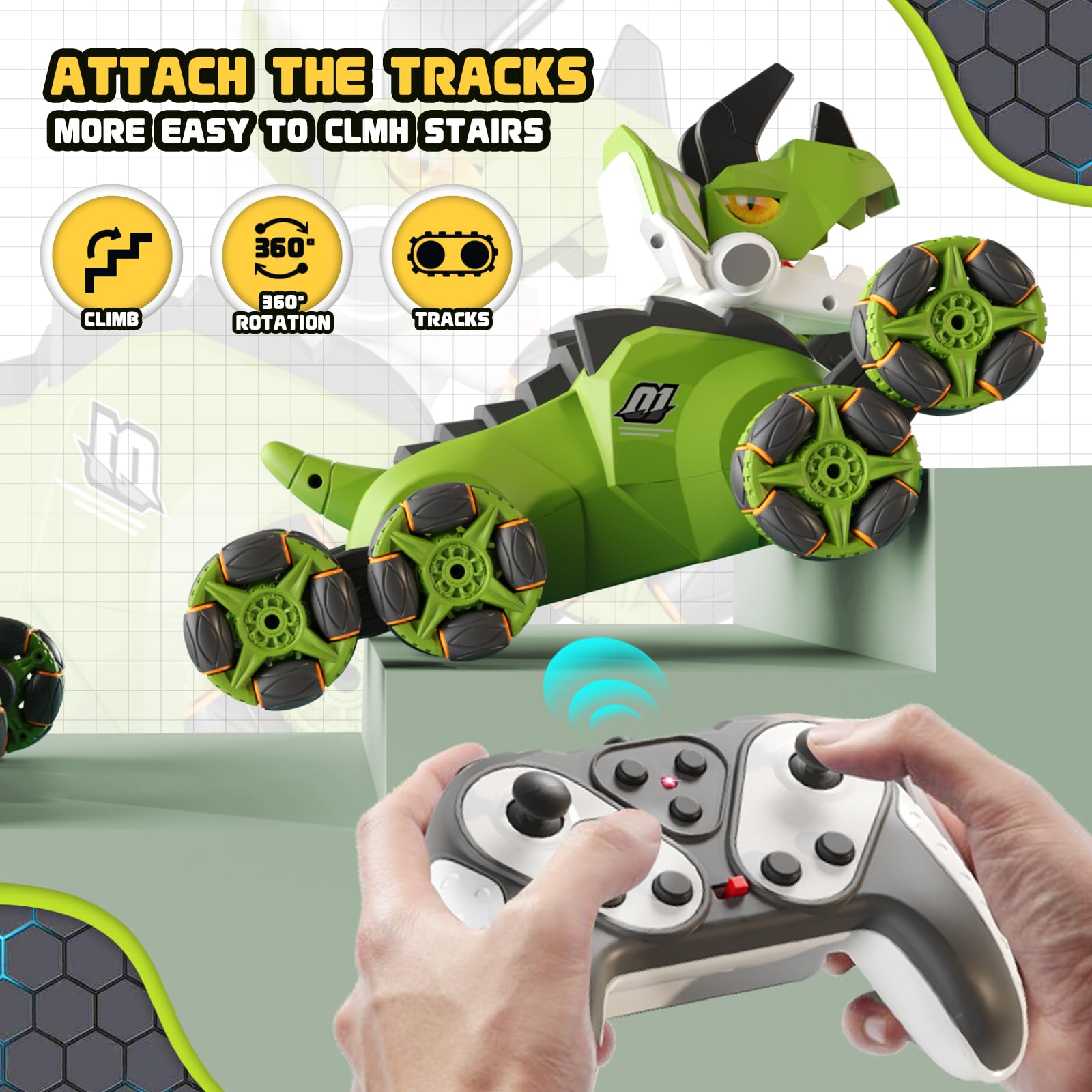 Vanvimen 8 Wheels RC Stunt Car for 8-14 Years Old Boys, Gesture Dinosaur RC Car Toys for Age 8-12, Lights & Music, Kids Easter Birthday Gifts for 8 9 10 Years Old