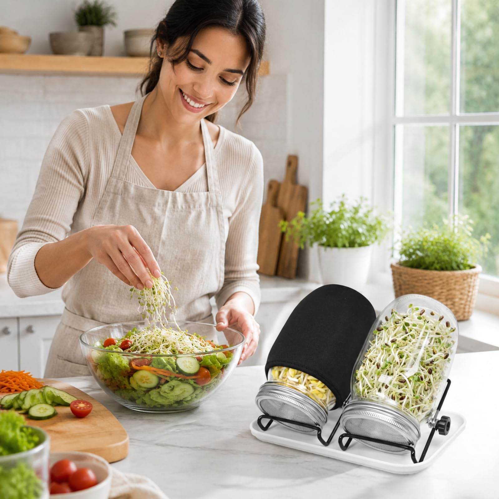 Keimglas, 2 Stück, 1000 ml Samen, Sprossenglas-Set, breite Öffnung, Einmachgläser mit Edelstahldeckel, Tablett, Ständer, Schattiertuch, Microgreens Wachstumsset für Alfalfa, Brokkoli-Samen