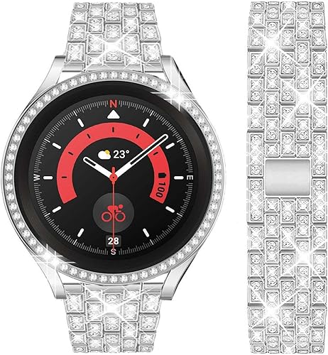 Vista 34 de Correas compatibles con Samsung Galaxy Watch FE / 5/4 de 1.575 pulgadas, correa de metal con diamantes de imitación brillantes de 0.787 pulgadas