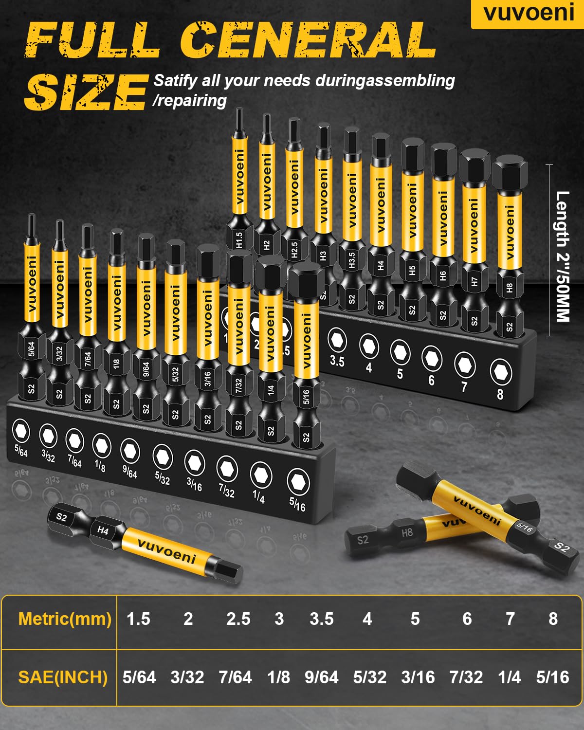 20PCS Impact Hex Head Allen Wrench Drill Bit Set (Metric & SAE), 2 in Long Allen Bits Magnetism, 1/4'' Hex-Shank S2 Steel for DIY Furniture Assembly & Car Repairs - 3