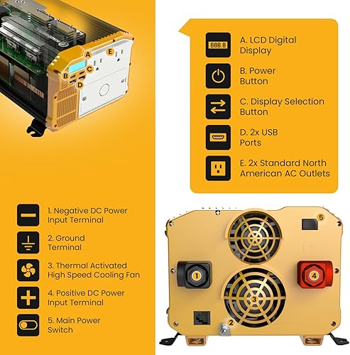 Miniatura 5 de KRIËGER 12 V inversor de corriente dual 110 V CA, juego de instalación incluido, fuente de alimentación de respaldo automotriz para licuadoras,