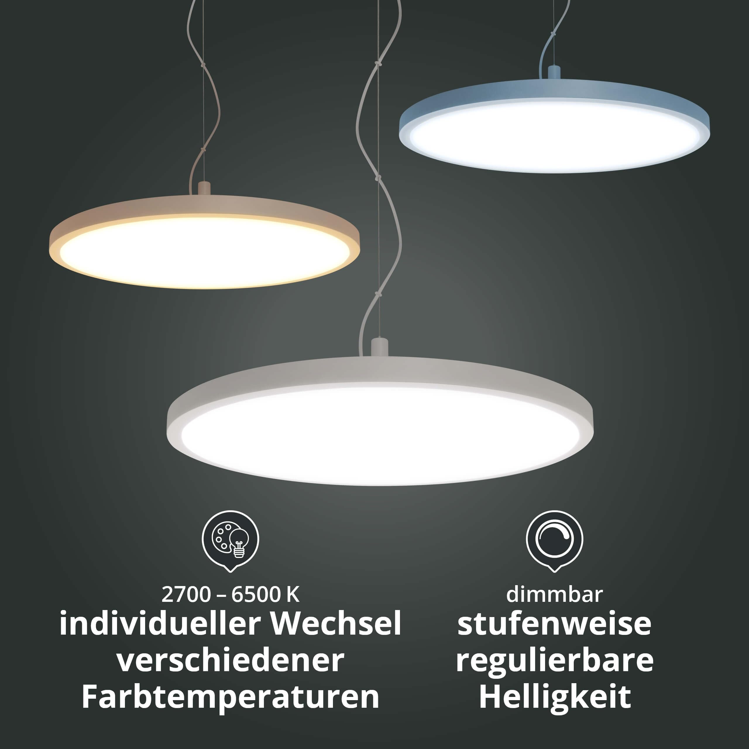 LED Deckenleuchte rundes Panel 60 cm, RGB+CCT 2700–6500 K, 32 W, bis 4600 lm, dimmbar, Deckenlampe mit Fernbedienung & App, höhenverstellbare Pendelleuchte, kompatibel mit Alexa/Google