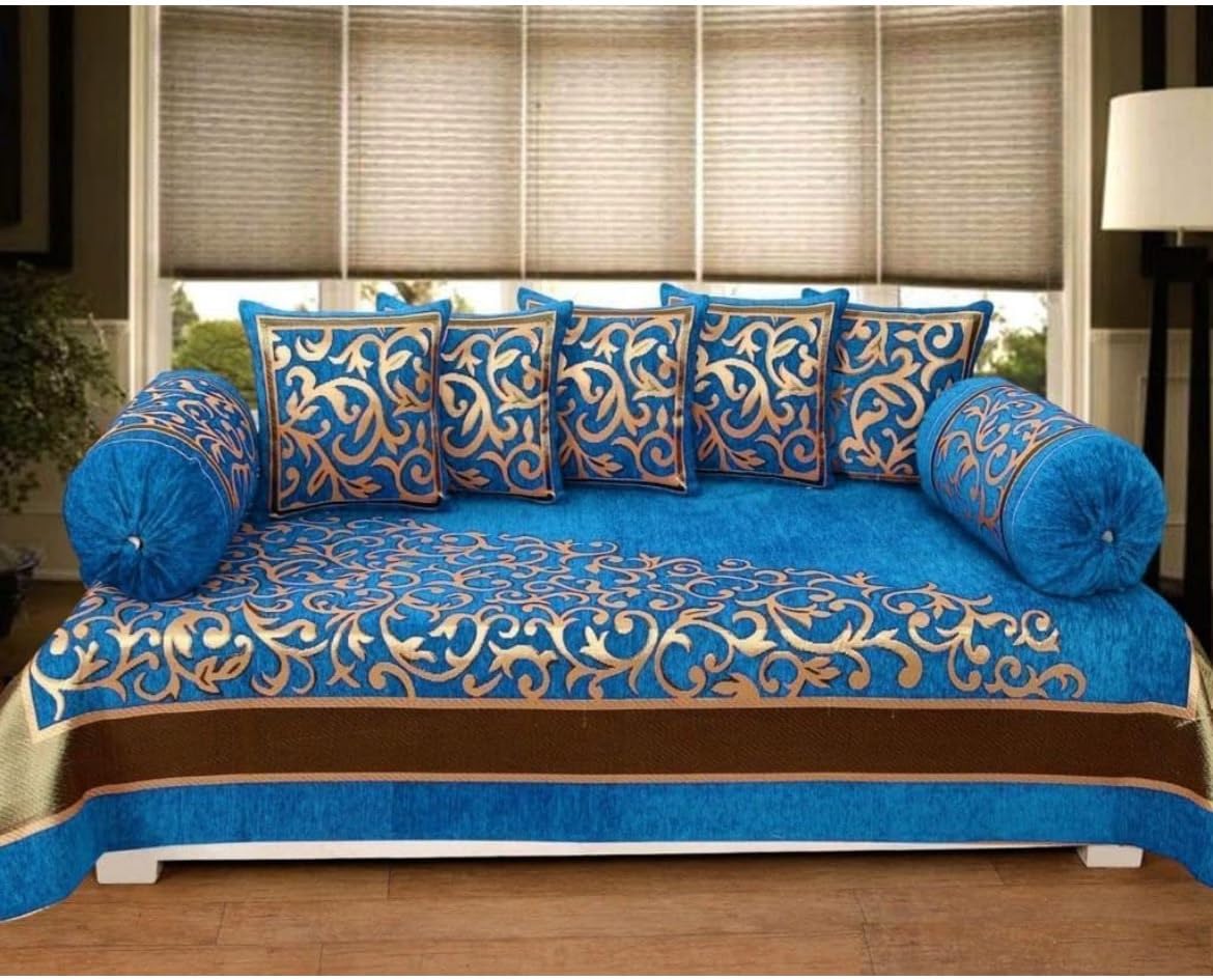 Premium Chenille Printed Diwan Set, 8-Piece Combo Pack (1 Single Diwan Bedsheet, 5 Cushion Covers & 2 Bolster Covers) for Living Room, 54 x 90 Inches, Blue-image-30