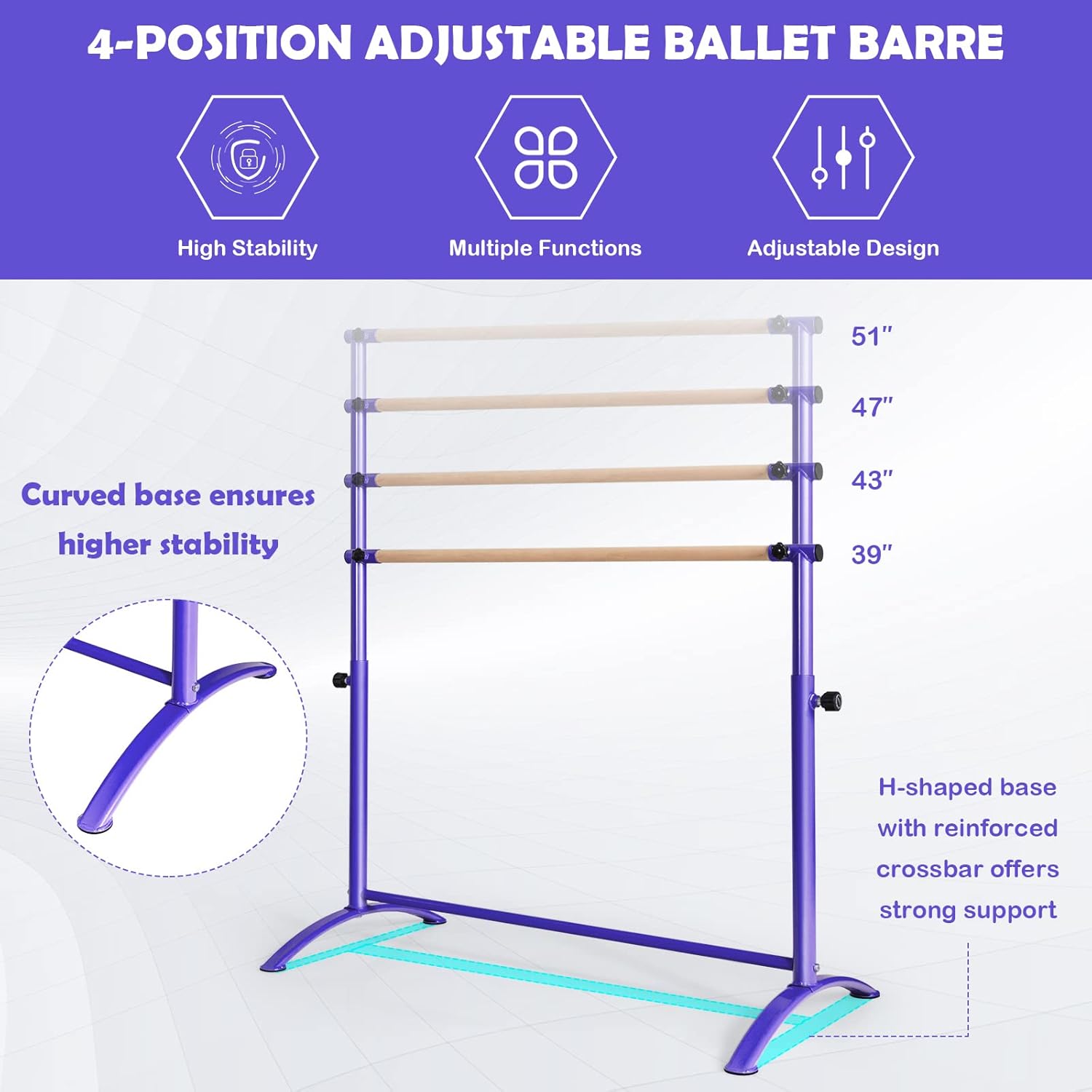 GOFLAME Ballet Barre Portable, 51” Freestanding Dancing Bar with 4-Position Adjustable Height for Kids & Adults, Fitness Stretching Bar with Foot Pads for Home, Gym, Dance Room, Easy Assembly