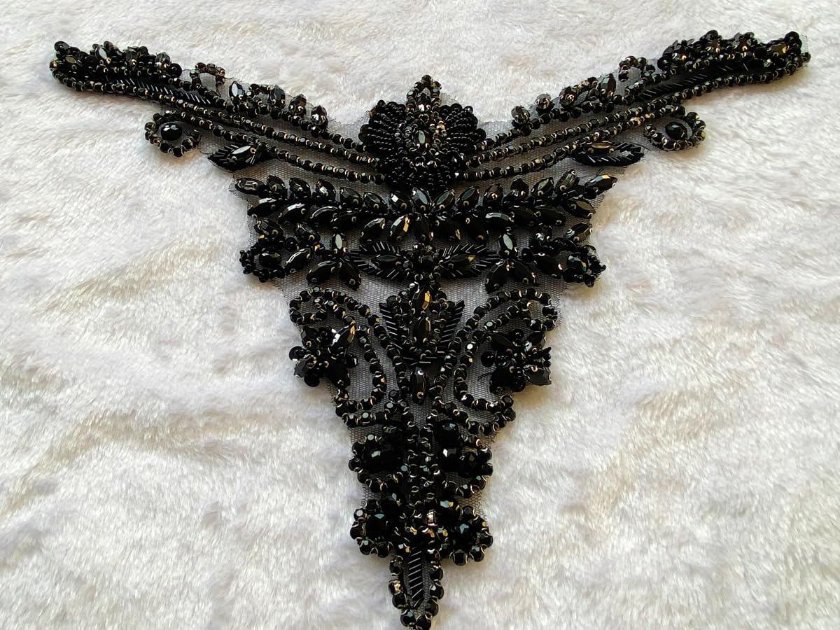 Exquisite Shiny Clothing Decorative Appliques Pure Hand-Sewing Beads Rhinestones Trim Patches Luxurious Design for Clothing Necklines (Black)