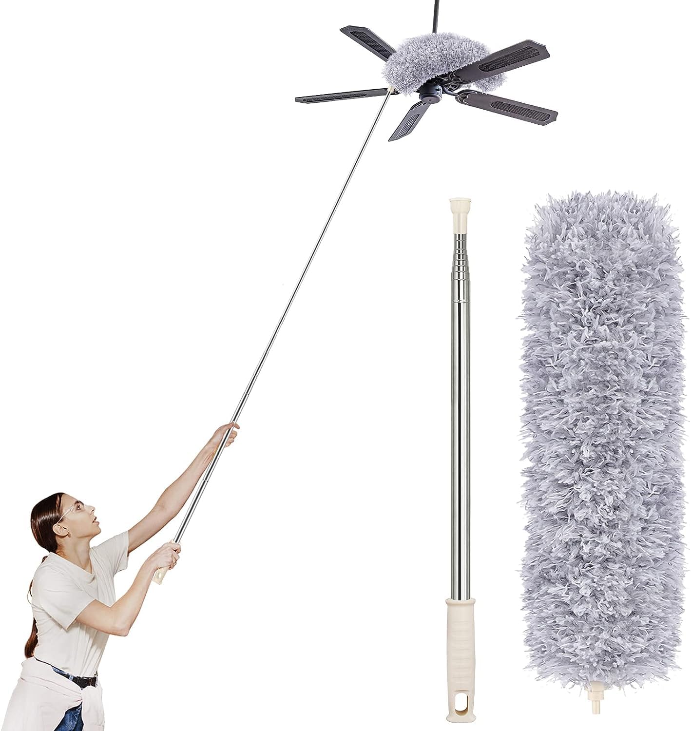Hallstatt 2024 Microfiber Fan Cleaner Ceiling Duster for home cleaning 100 inch Long handle Bendable, Extendable and adjustable dust Remover brush for High roof cobweb Blinds Furniture Fan Mop, Grey