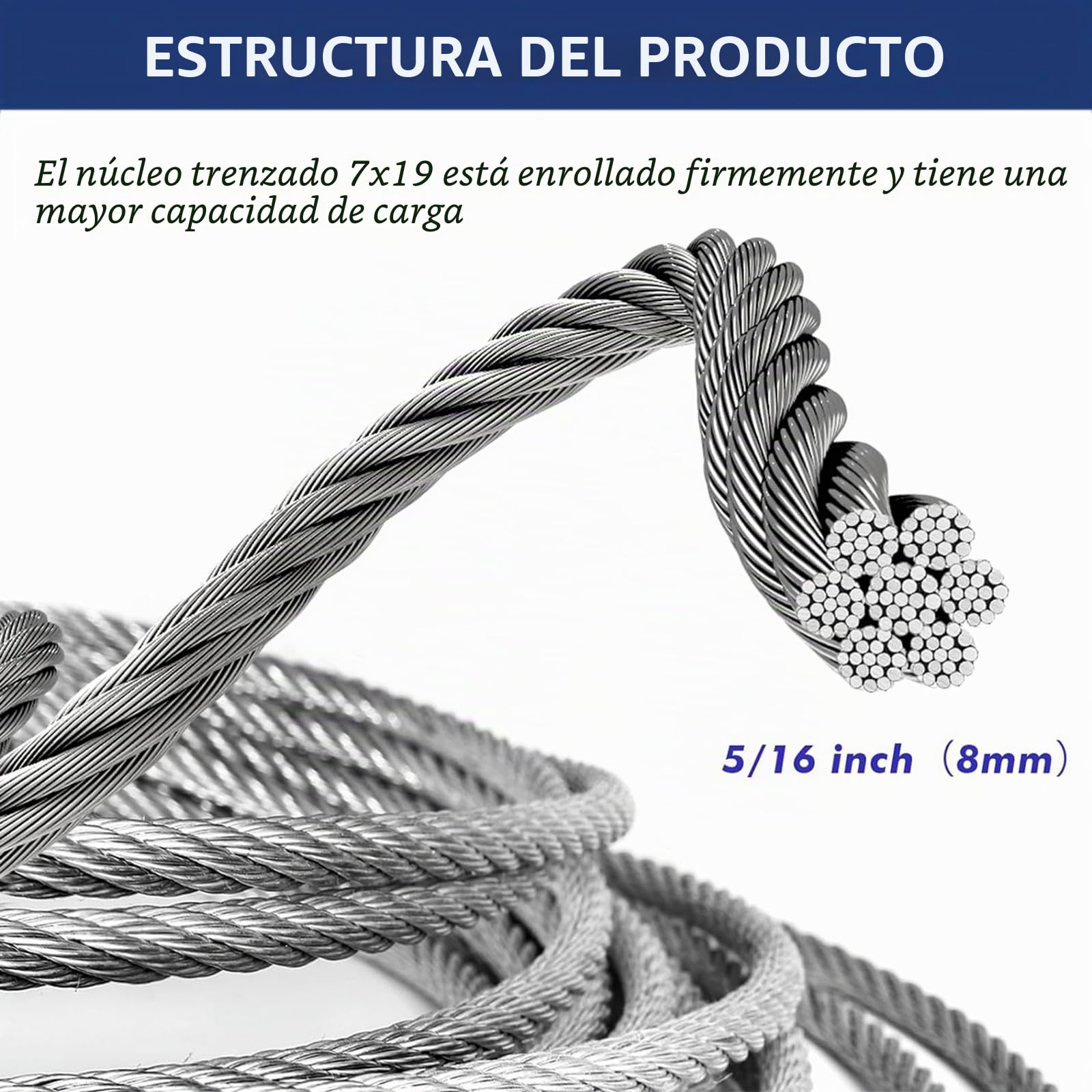 8MM Cable De Acero Inoxidable 316,Cable De Avión De Grado Marino De 7x19 Hilos,Cuerda De Alambre De Acero Para Tirolesa De Patio,Elevadores De Barcos,Barandilla De Cubierta,76M/250FT