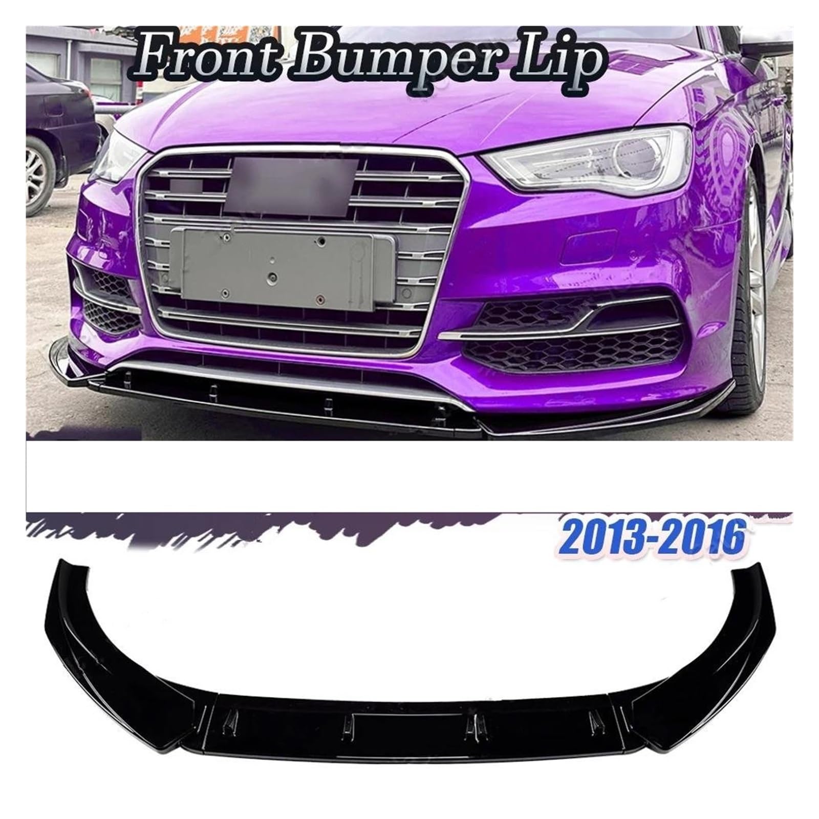 Splitter Anteriore Per Audi A3 8V (2013-2016) - Kit 3 Pezzi In ABS Nero Lucido, Per Look Sportivo E Aerodinamica