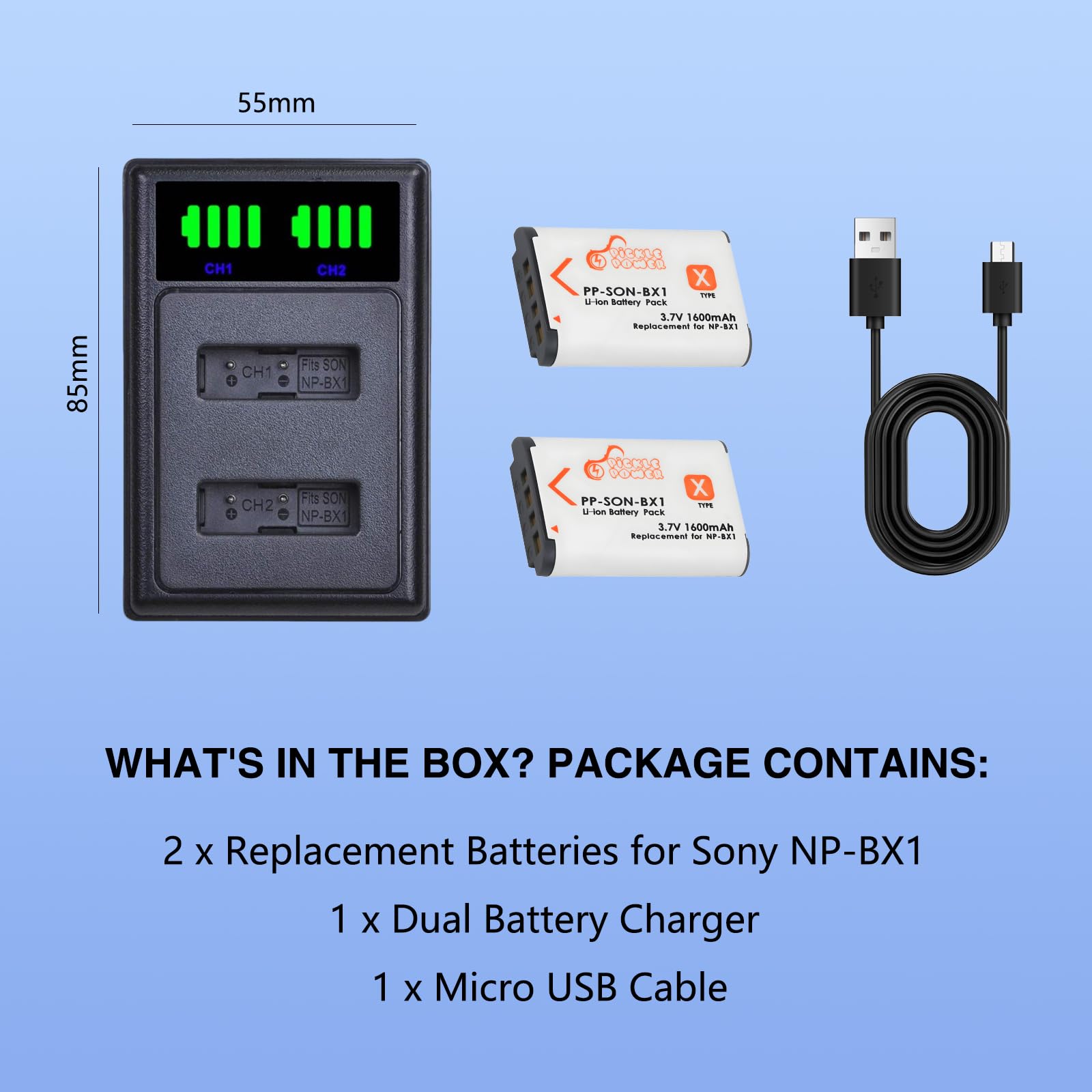 Pickle Power 2 unidades de batería NP-BX1 y cargador de 2 canales. Compatible con Sony NP-BX1, ZV-1, ZV-1 II, Cyber-Shot DSC-RX100, DSC-RX100 VII/VI/V/IV/III/II/VA (M7-M2), HDR-CX405, FDR-X3000, HX300
