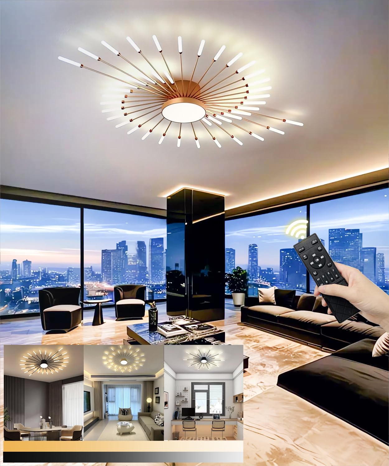 LIYYANG Modern LED Ceiling Light Fancy Lights 42+1 Heads Semi Flush Mount Ceiling Lamp Living Room Ceiling Lighting with Remote Control Chandelier for Office Bedroom Restaurant (Gold, 42+1heads)