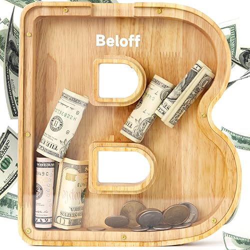 Alcancía de letras para niños y niñas caja de dinero grande de madera personalizada con billetes y monedas caja de dinero de madera con nombre