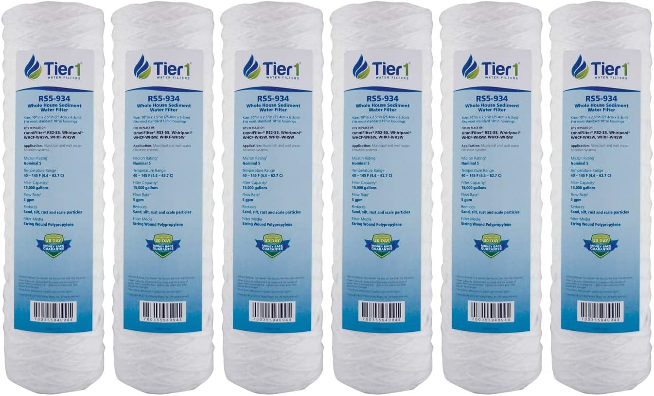 Tier1 5 Micron 10 x 2.5 Water Filter | String Wound Polypropylene Whole House Fine Sediment Filter Cartridge | Replacement for Pentek WP-5, OmniFilter RS2-SS, WHCF-WHSW | 2.5 x 10 Water Filter (6pk)