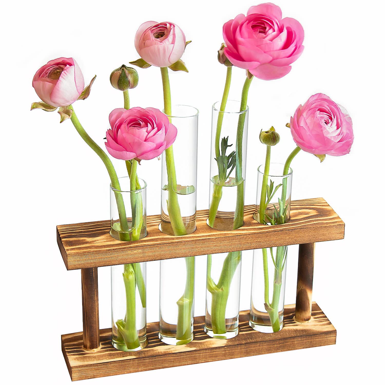 BYBOUS Desktop Propagation Planters Glass, Plant Propagation Station with Wooden Stand, 4 Test Tube Vase, for Propagating Hydroponic Plants - Office Living Room Garden Decoratio