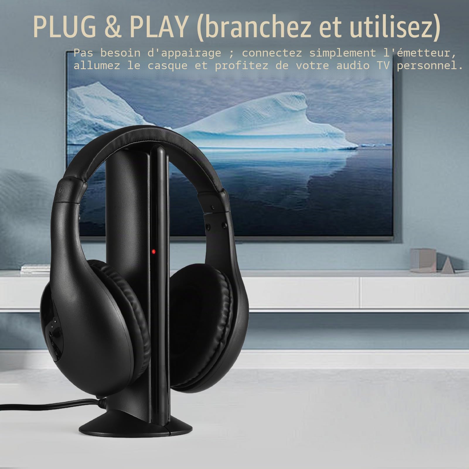 Walmeck Casque sans Fil pour Regarder la Télévision avec émetteur et Décodeur 5 en 1 sur L'oreille, Portée sans Fil de 98 Pieds, Surveillance des Radios FM, Casque Filaire, émetteur