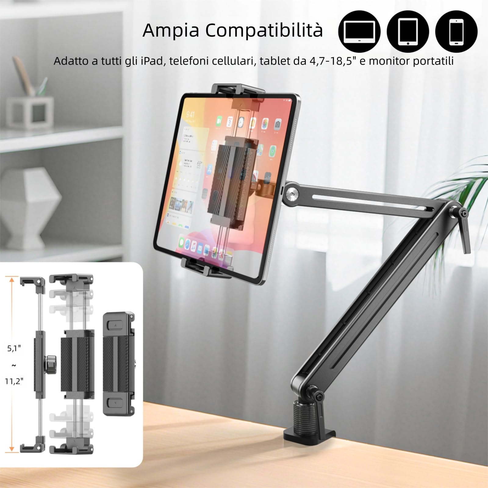 Supporto Tablet in Alluminio Regolabile per iPad Air/Pro/Mini, Samsung 4.7-18.5 Pollici