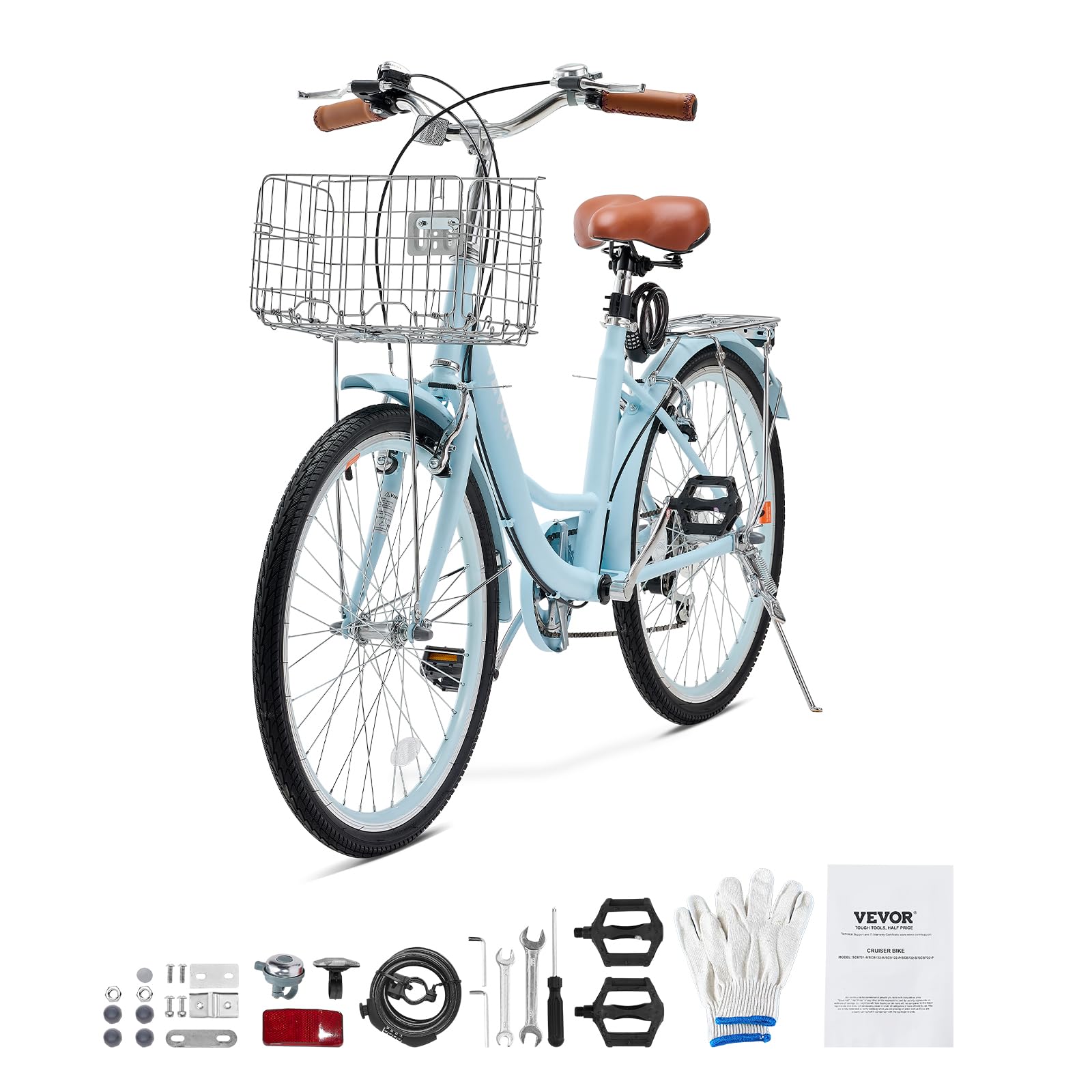 VEVOR Cruiser - Bicicleta de playa con 7 velocidades (diámetro del neumático 660,4 mm) con cesta grande y portaequipajes, bicicleta cruiser con asiento ajustable, para ciclismo, entrenamiento y