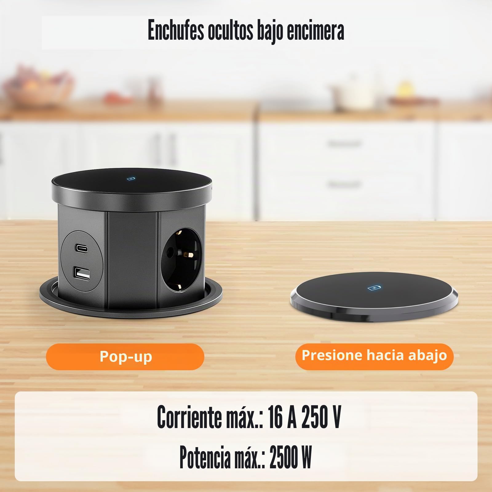 Enchufe retráctil de 3 enchufes, con cargador inalámbrico de 15 W, 1 USB C, 1 USB-A, enchufe retráctil para cocina, cable de 1,5 m, para oficina, cocina, dormitorio, D 120 mm
