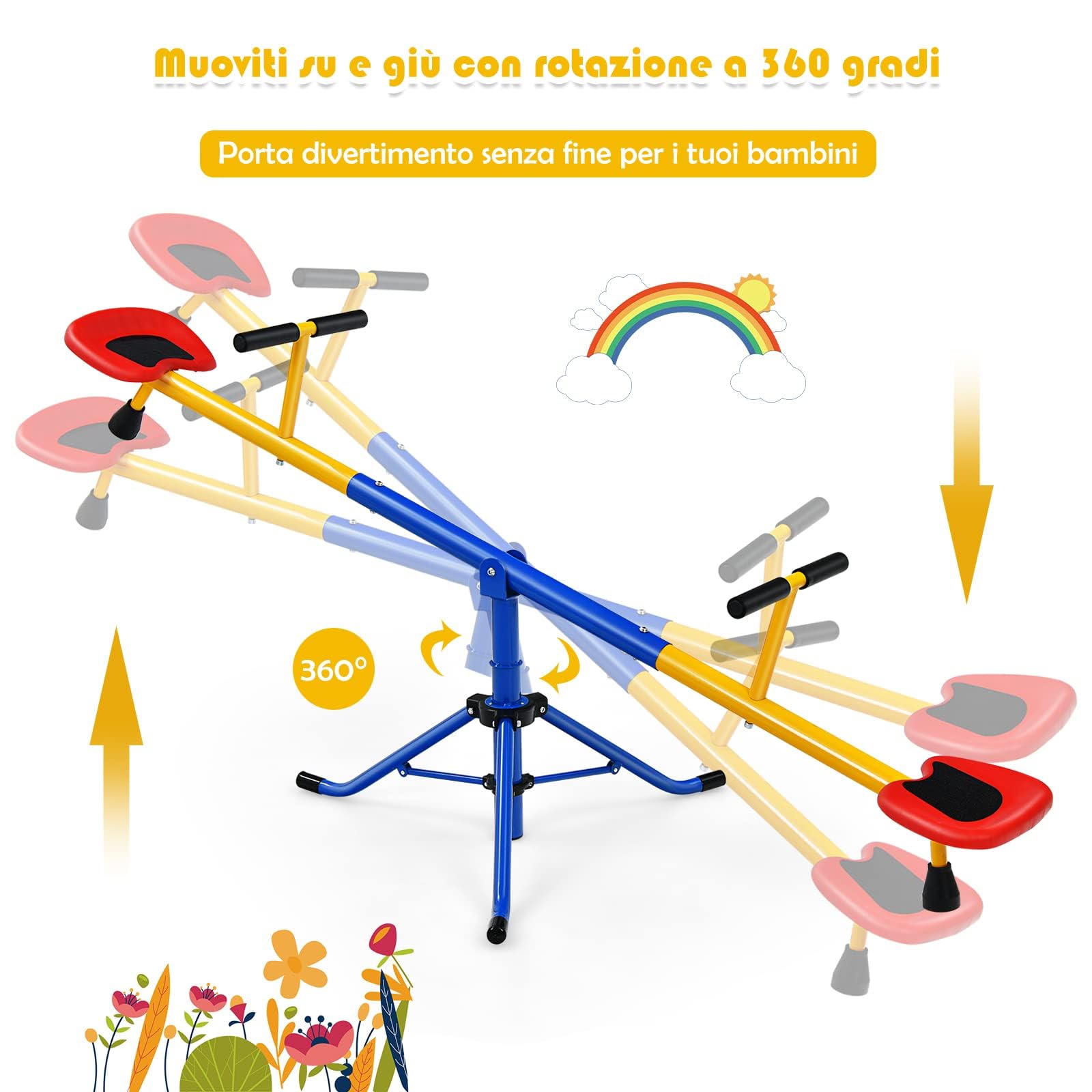 RELAX4LIFE Altalena a Dondolo per Bambini 3-8 Anni, Girevole 360° con Blocco per le Gambe, Maniglie Antiscivolo, Base a Tre Artigli in Acciaio, Carico di 60 kg, Gioco da Esterno per Scuola Materna