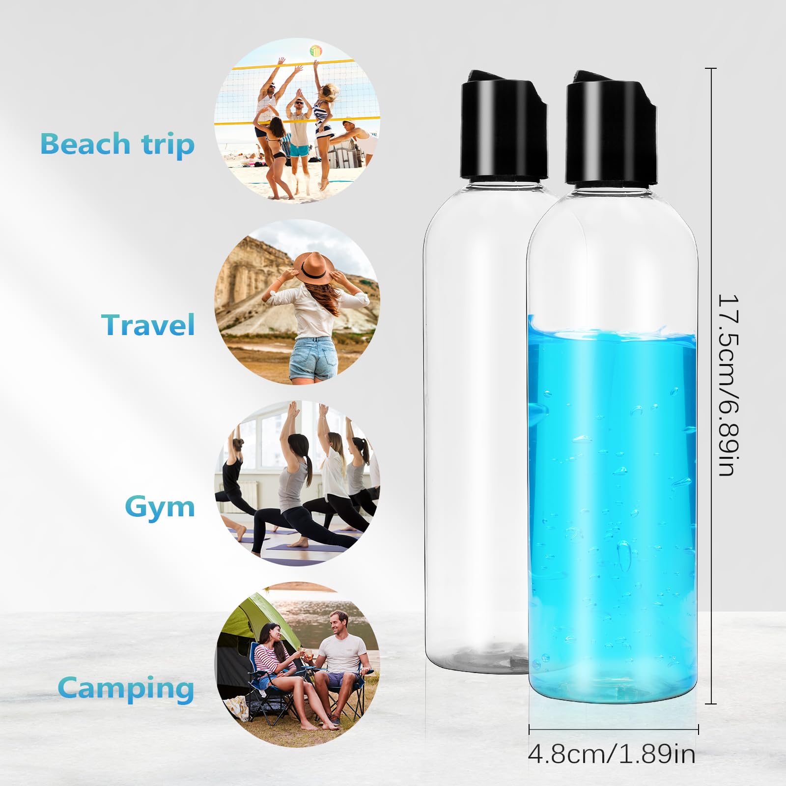 34 bottiglie da viaggio in plastica con tappo a disco, vuote, ricaricabili, da spremere, per shampoo, lozioni, creme, articoli da toeletta e sapone liquido per il corpo (trasparente, 226,8 g)