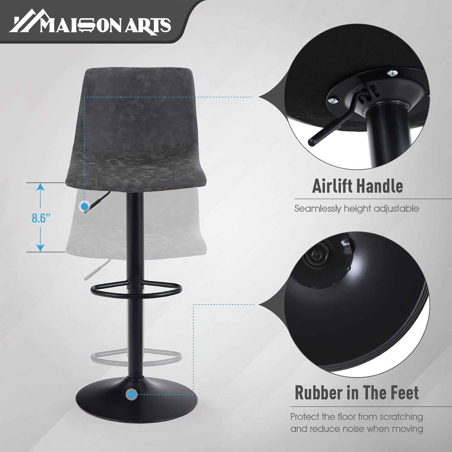 MAISON ARTS Swivel Bar Stools Set of 2 for Kitchen Counter Adjustable Counter Height Bar Chairs with Back Tall Barstools PU Leather Kitchen Island Stools, 300 LBS Bear Capacity, Grey: Kitchen & Dining