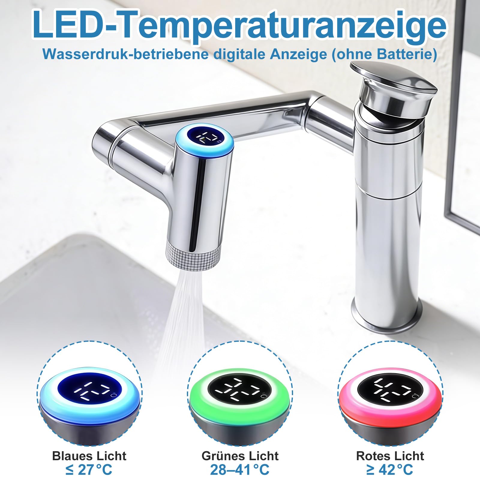 Wasserhahn Bad mit Temperaturanzeige(Batterielos), 1080° Drehbar Einhebelmischer Waschbecken, Höhenverstellbare Badezimmer Wasserhahn, Waschtischarmatur Hoch