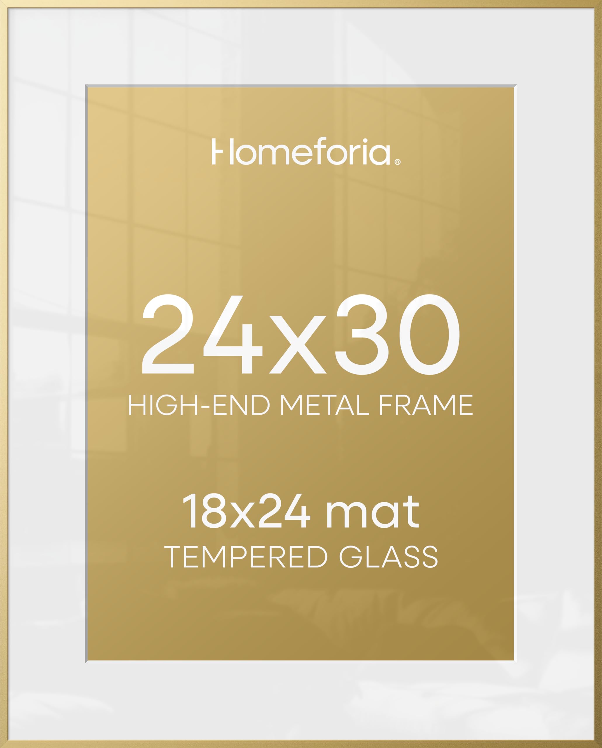 Homeforia 24x30 Picture Frame Gold, High End Metal 24 x 30 Poster Frames with 18 by 24 Mat Opening, 24x30 Gold Photo Frame Matted to 18x24 Print, 30x24 Large Frames, Tempered Glass, Wall Kit, Set of 2