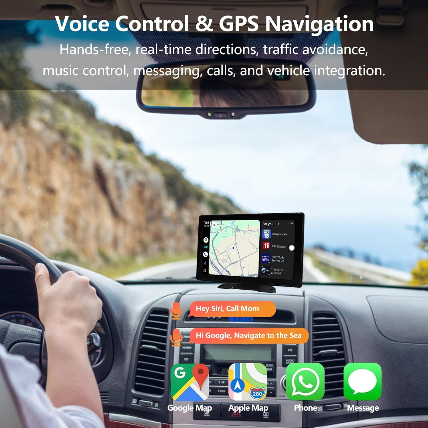 Driver's perspective showing the 9-inch display with voice control commands for GPS navigation, music, and calls, emphasizing hands-free operation.