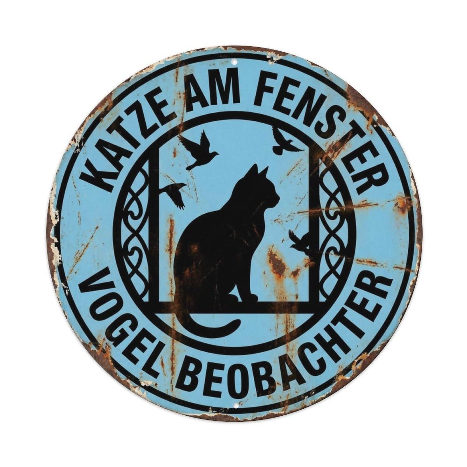 Cat Window Watching Warning Round Wall Hanging Metal Tin Sign