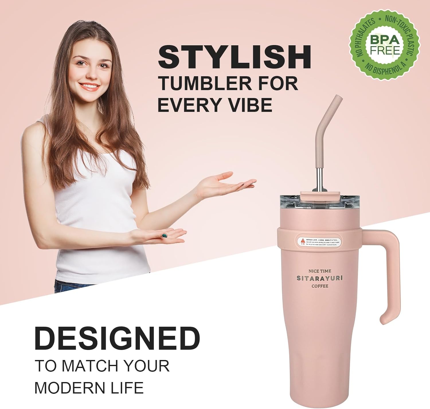 40 oz Tumbler with Handle, 2-in-1 Straw and Sip Lid, Leakproof, Dishwasher Safe, Insulated Stainless Steel Travel Coffee Mug, Keeps Cold for 34 Hours, Fits in Car Cup Holder (Pink) - Image 6