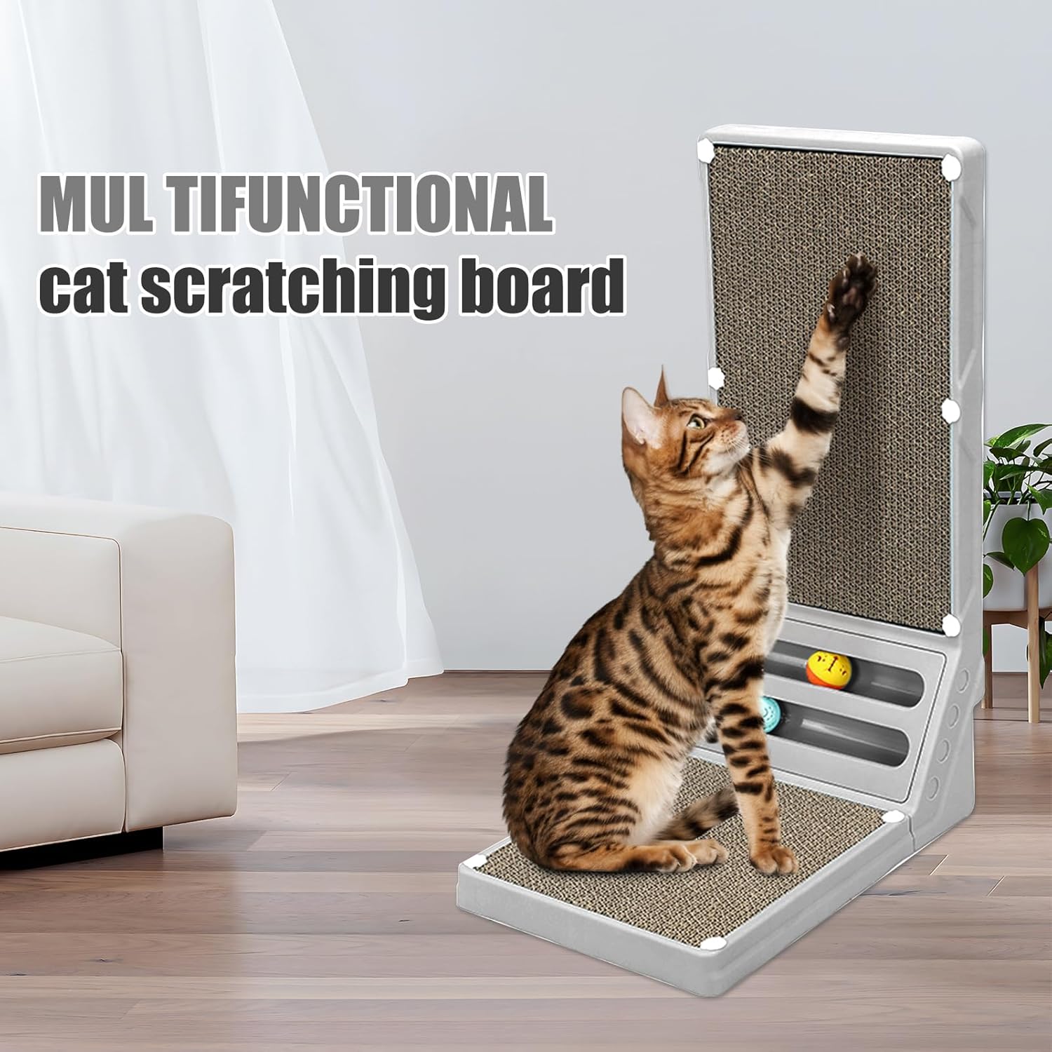 L Shape Cat Scratcher, 23.6 Inch Cat Scratchers for Indoor Cats, Protecting Furniture Cat Scratch Pad, Cardboard Cat Scratching with Ball Toy, Large (Grey)