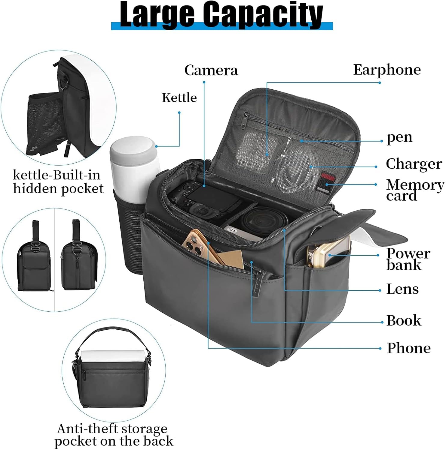 Cwatcun Camera Shoulder Bag, Waterproof Crossbody Case, Compact Photography Backpack, Compatible with Canon/Nikon/Sony/Fuji DSLR/SLR/Mirrorless Camera, Lens and Accessories, White - Image 4