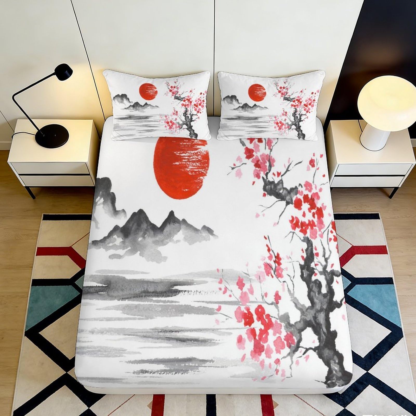 3D Printed Japanese Ink Landscape Fitted Sheet Microfiber Soft Cherry Blossom Bed Cover for Bedroom Decor 90x200x25cm