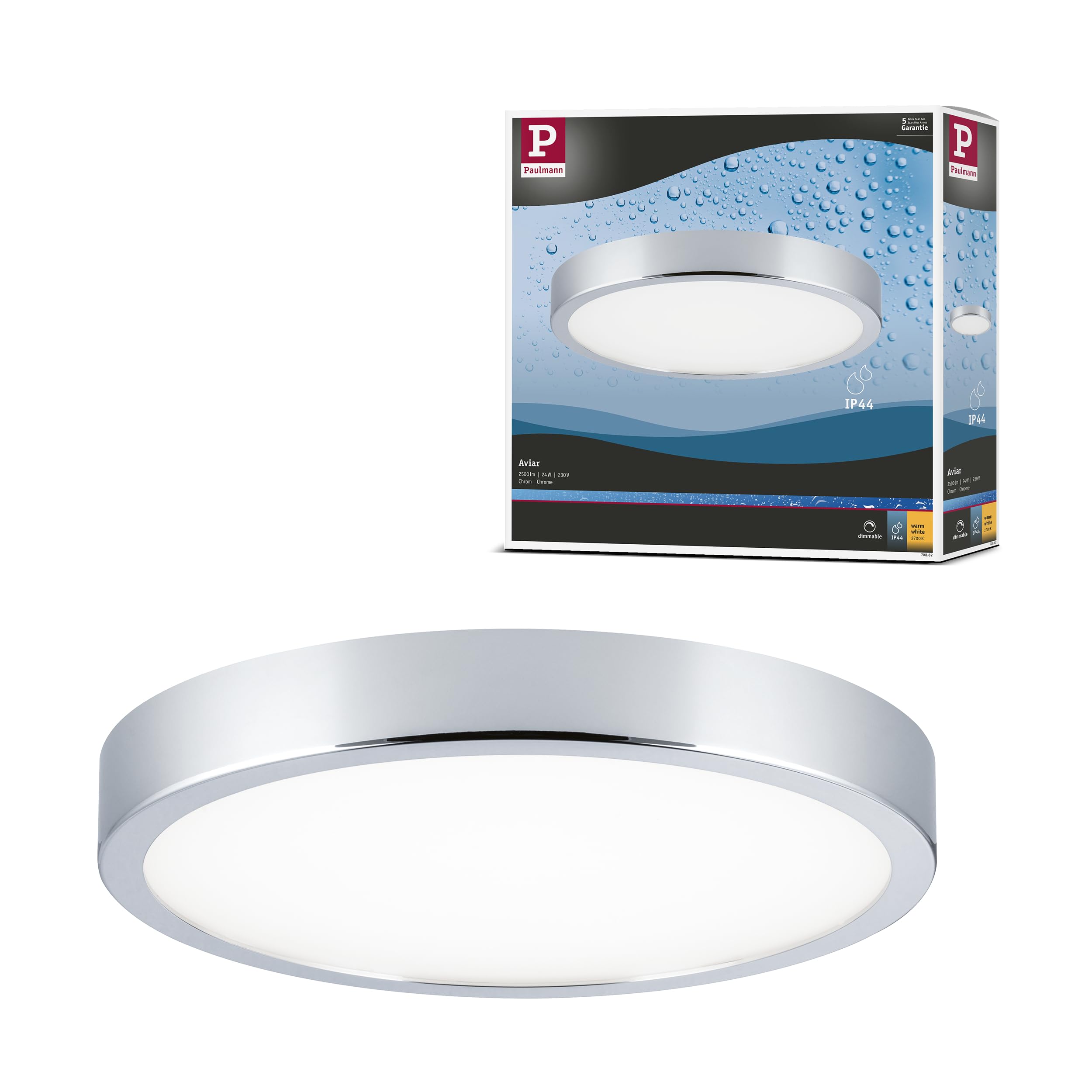 Paulmann 70882 Deckenleuchte LED Panel Aviar Deckenlampe flach Deckenlicht IP44 spritzwassergeschützt 20W Badezimmerlampe Chrom inklusive Leuchtmittel