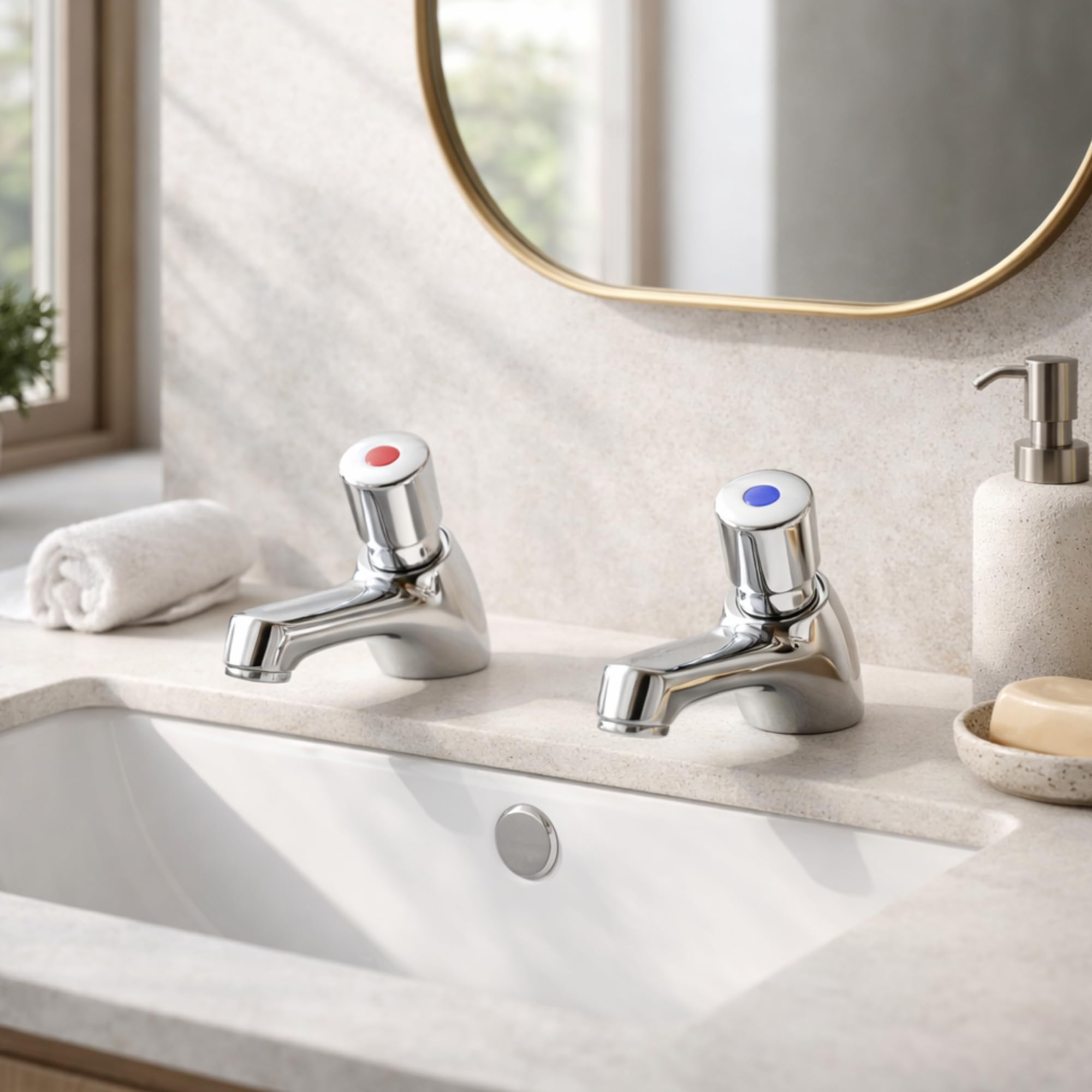 Par de grifos de lavabo sin contusiones, acabado cromado, flujo temporizado, diseño de ahorro de agua, cuerpo de latón duradero