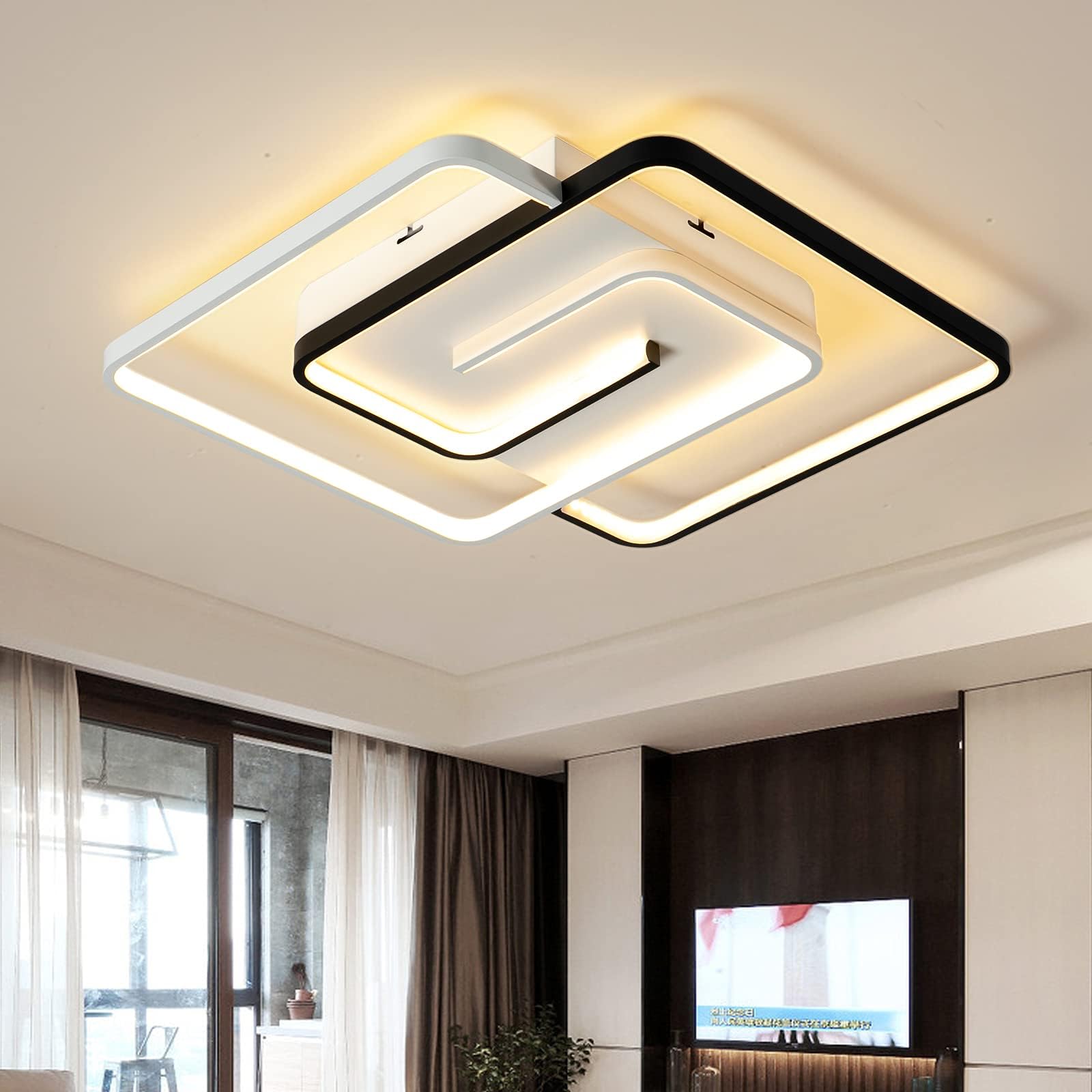 Modern LED Ceiling Light 36W 50cm with Remote Control, Geometry Square Black White Dimmable Ceiling Lights Fitting for Living Room, Bedroom, Kitchen [Energy Class E]