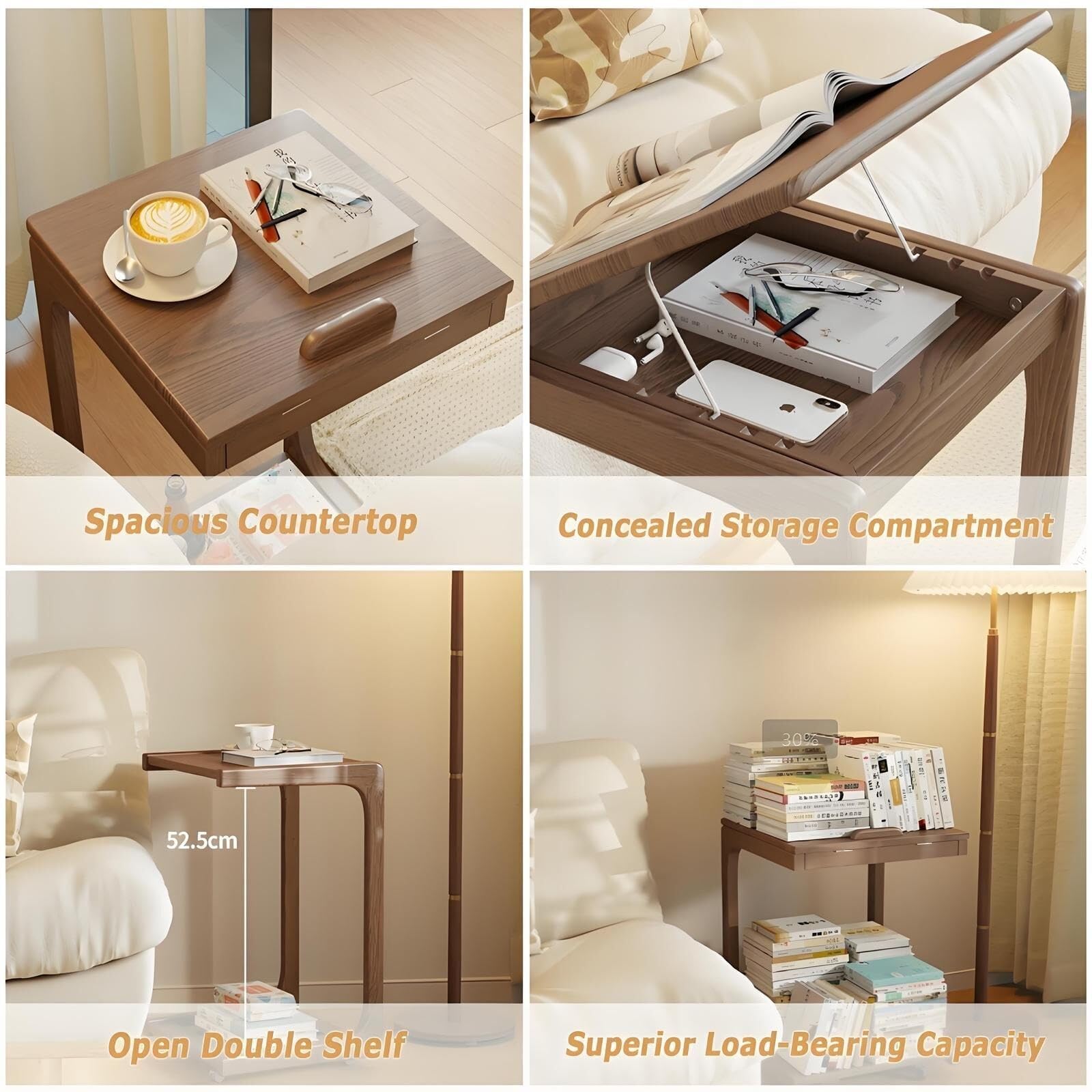 Vassoio TV in legno massello a forma di C, su ruote, versatile, piccolo tavolino o comodino per divano, soggiorno, camera da letto, spazi stretti (noce 40 x 39 x 63 cm)