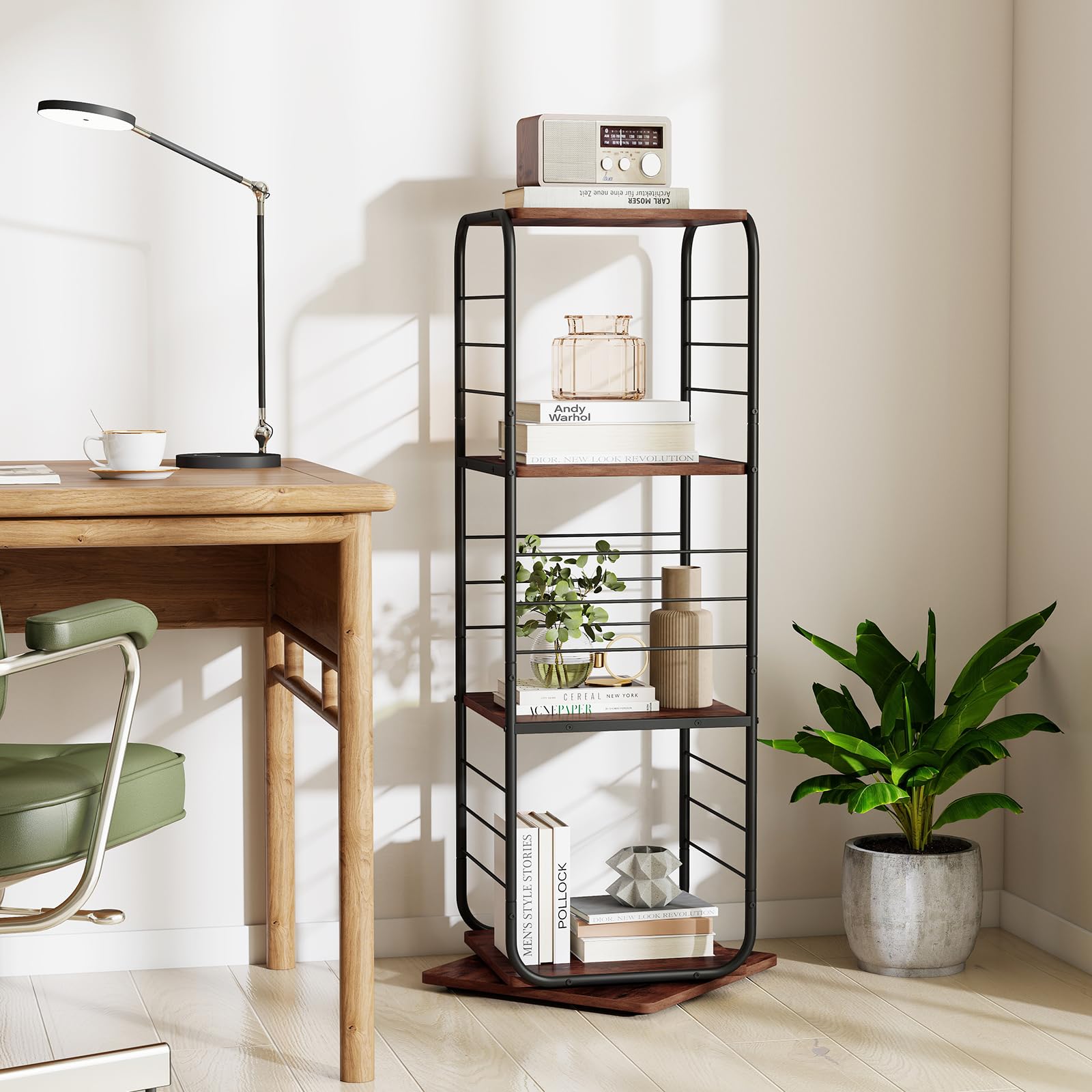 COSTWAY Meuble Rangement Vinyle à 4 Niveaux pour Disques Vinyles, Support Platine Vinyle pour Jusqu’à 210 Albums, Pivotant 360°, Meuble Tourne-Disque Vinyle en Métal, pour Salon (Marron Rustique)