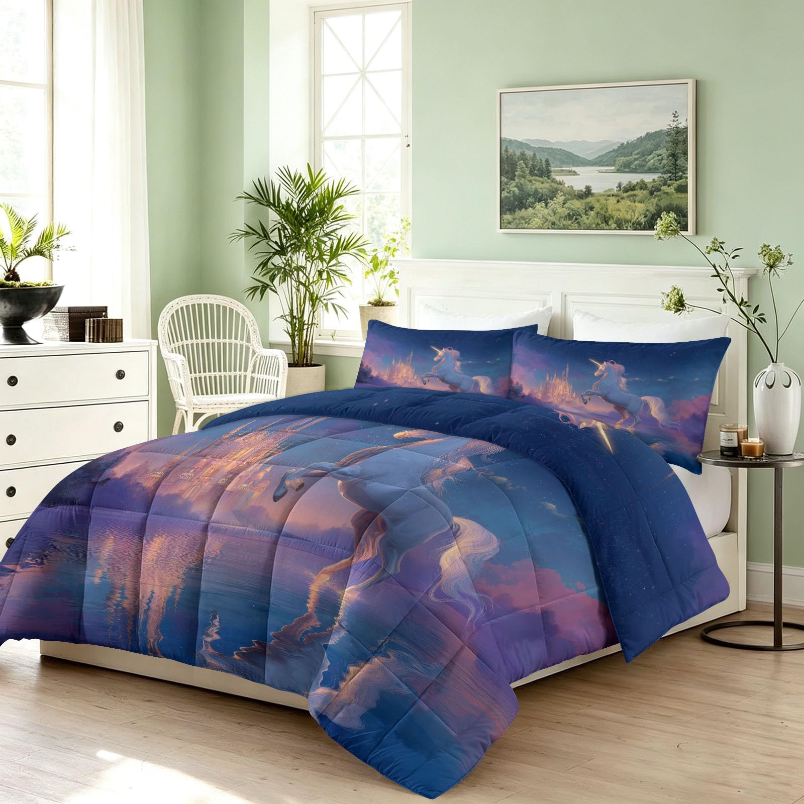 Coverless - Edredón de 7,5 tog de 135 x 200 cm, diseño de castillo de unicornio, cielo estrellado, individual, juego de edredón y funda de almohada de dibujos animados de fantasía supersuave, diseños