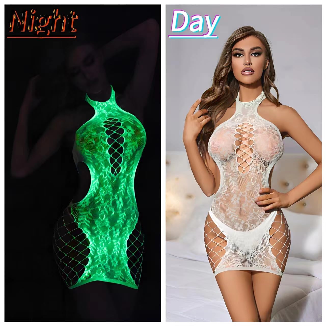 DTWAWA Glow in the Dark Sexy White Fishnet Stockings, Stylish Bodysuit Leggings for Womens Party: I Bodysuit White