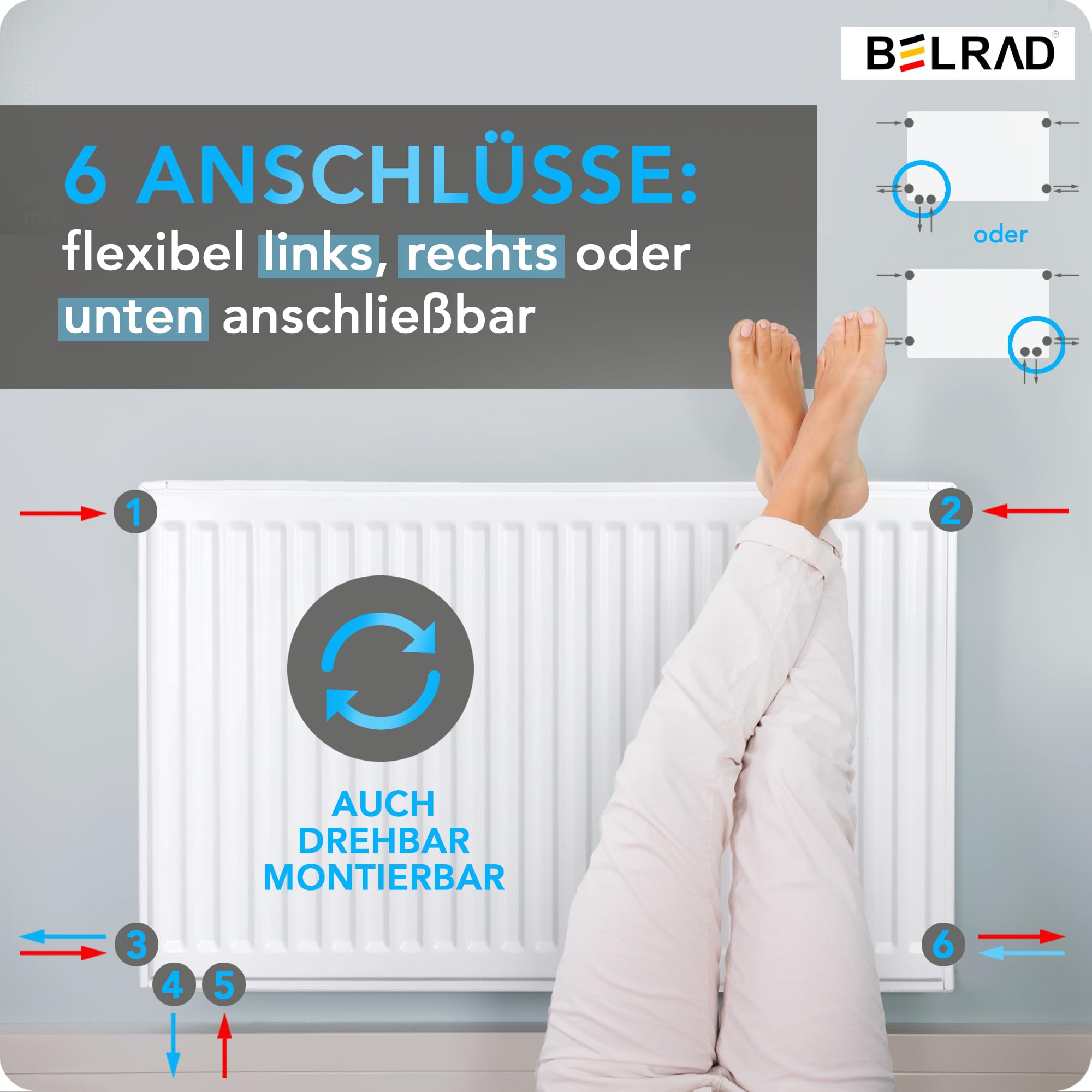Belrad - Radiador universal (500 x 1200 mm, 6 conectores)