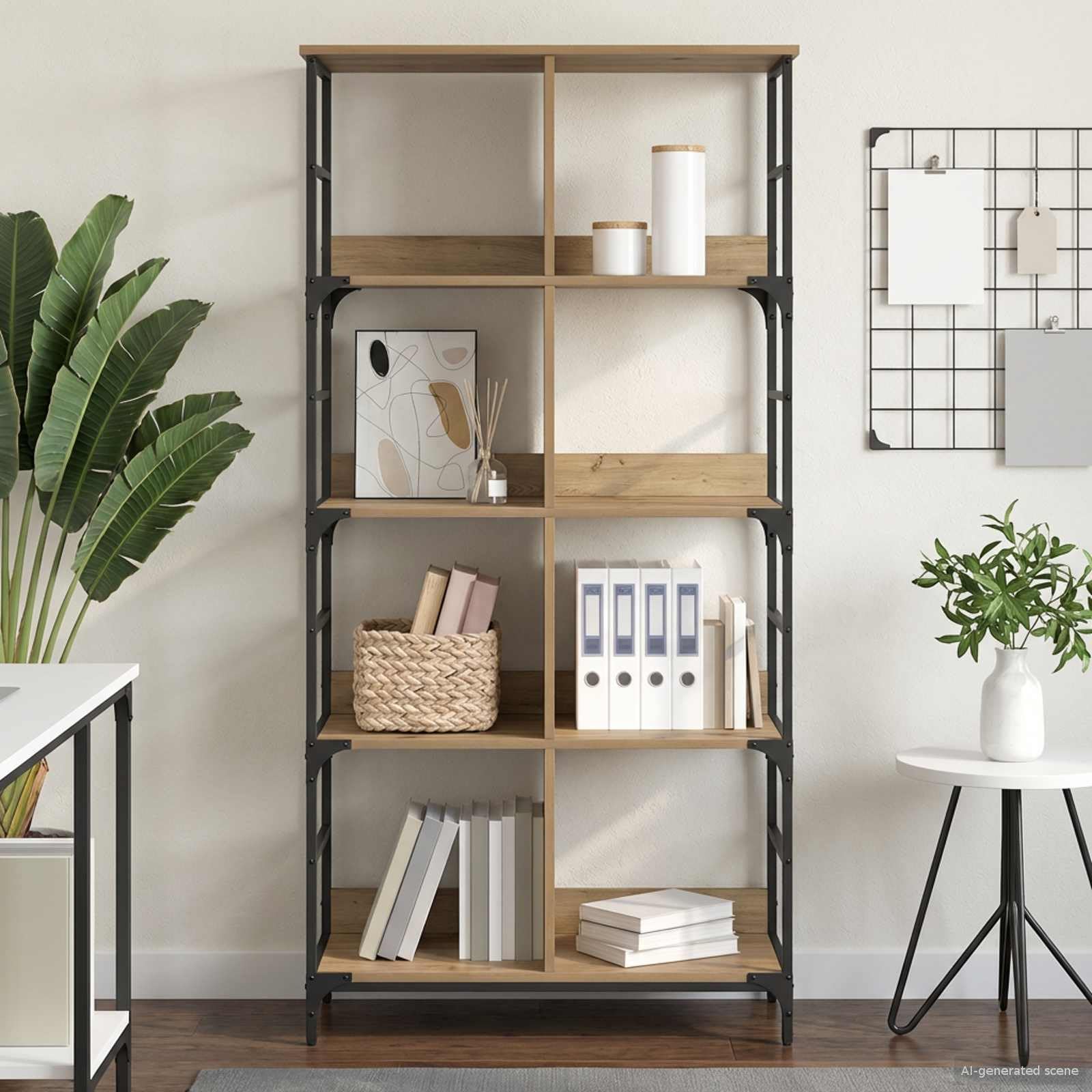Regal 4 Ebenen Metall PB Artisan-Eiche 78,5 x 33 x 153 cm Standregal mit viel Stauraum, vielseitiges Regalsystem für Wohnzimmer, Arbeitszimmer, Büro und Kinderzimmer als offenes Bücherregal