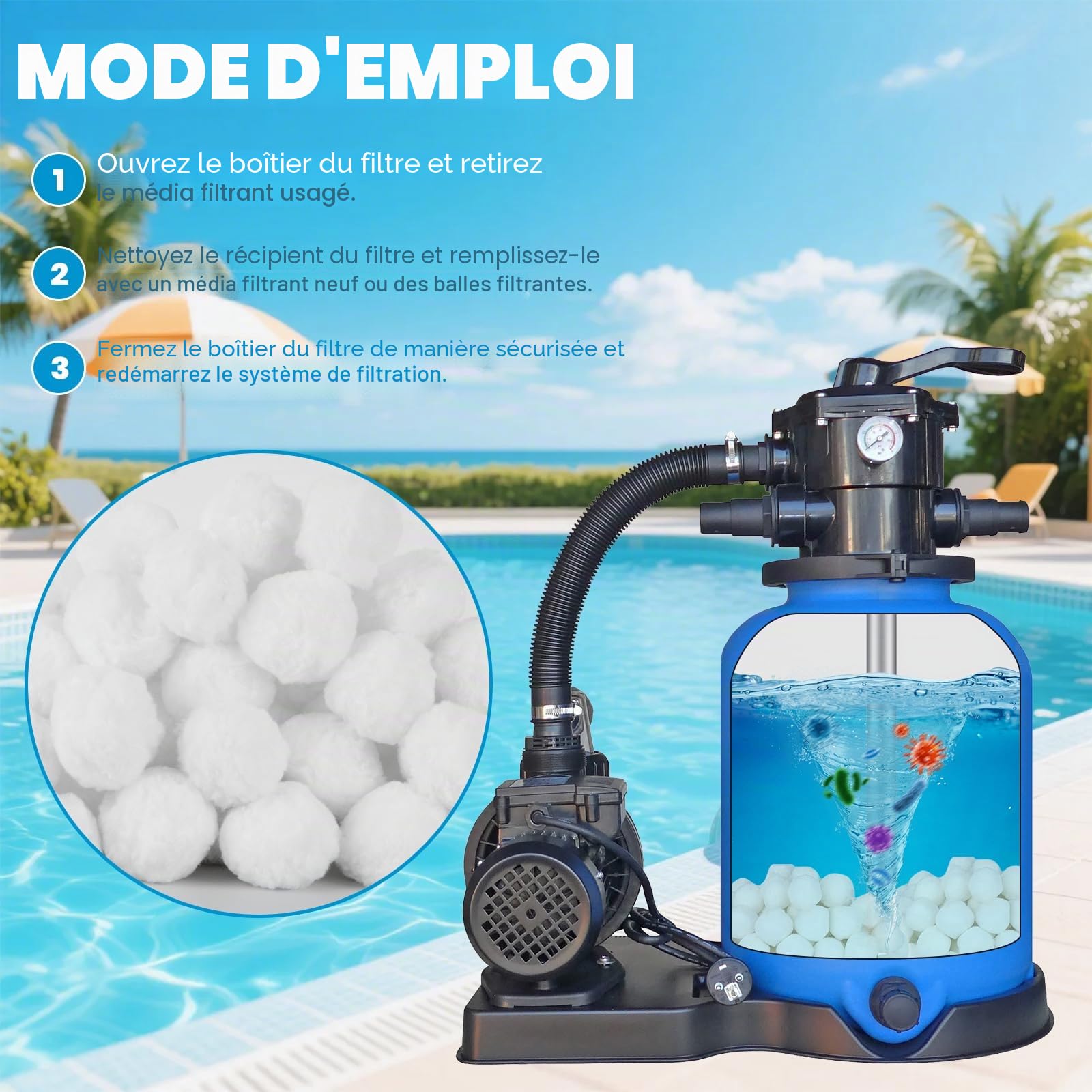 Balles Filtrantes pour Piscine, 1500g Boules Filtrante pour Systèmes Filtration Sable avec Sac Lavage Cordon, Balle Filtration Durables pour Pompe Piscines Nettoyeurs Piscine (Blanc)