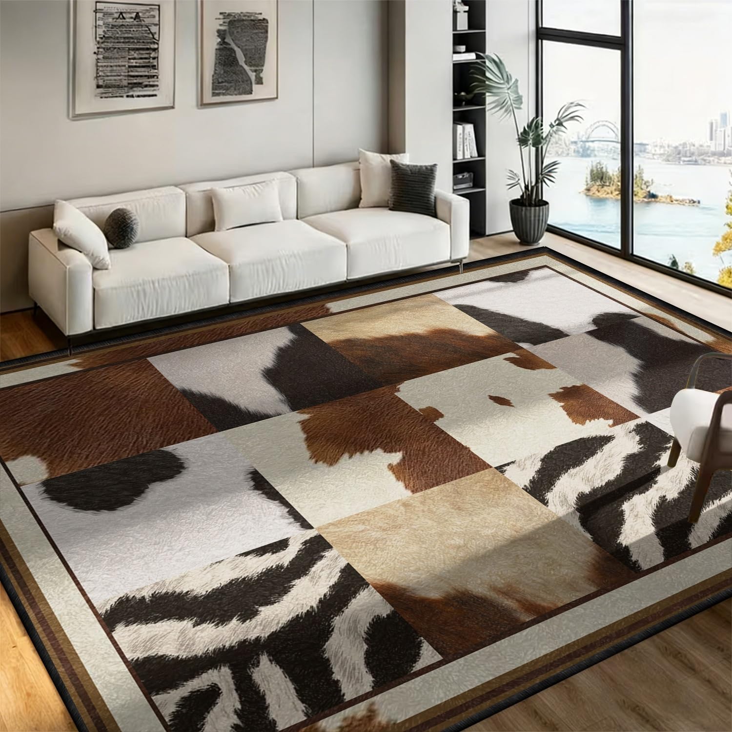 ZCLRUG Patchwork Cowhide Print Rug,140x200cm,Animal Print Zebra Print Rug,Machine Washable and Non-Slip Zebra Rugs, Faux Fur Cowprint Western Rugs,for Office Living Room Dinner Room Home Decor