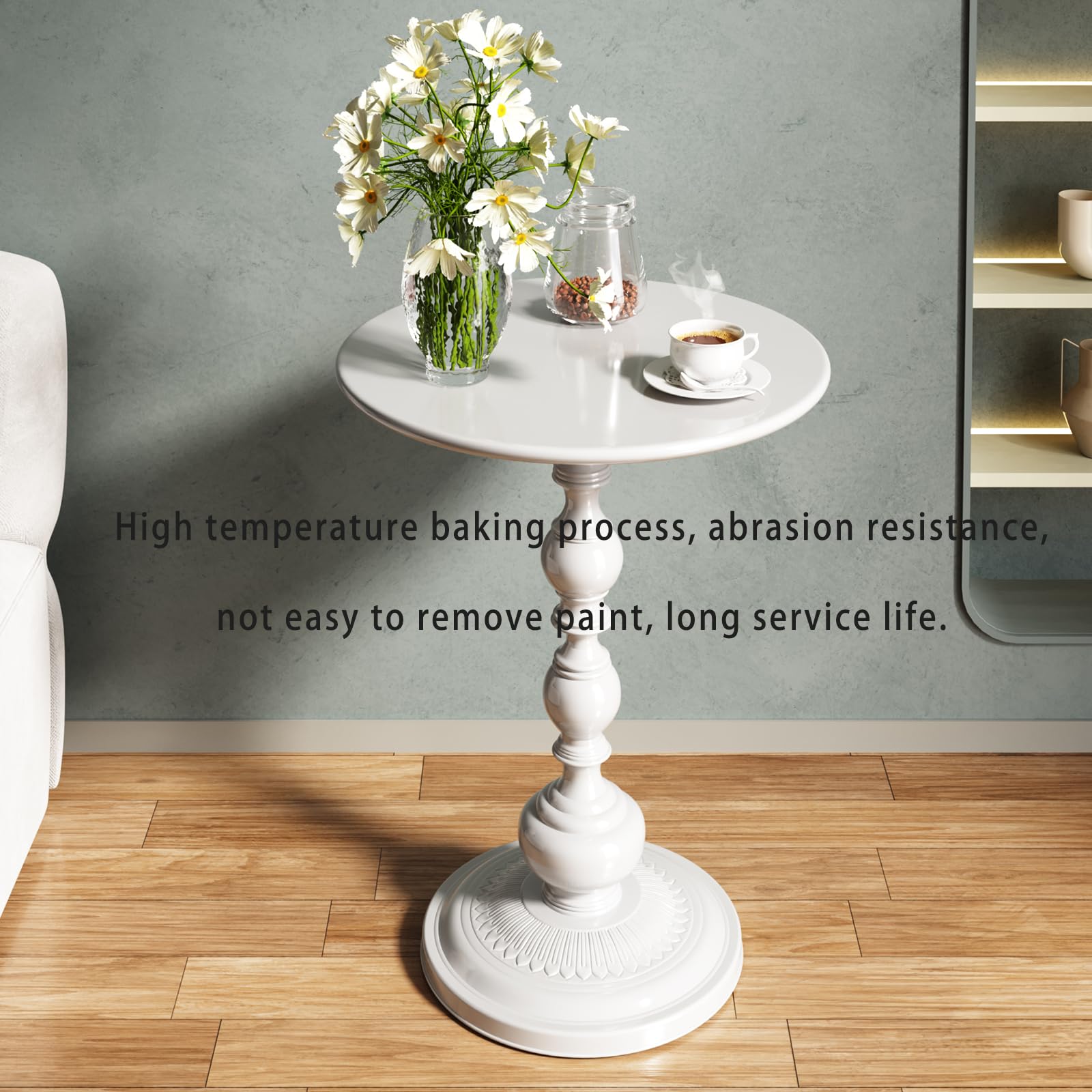 BUZUEY Small Round Side Table,Pedestal end Table,Metal Accent Table,Coffee Tea Drink Table for Small Spaces,Living Room,Bedroom,Balcony and Cafe.Weighted Base (White)