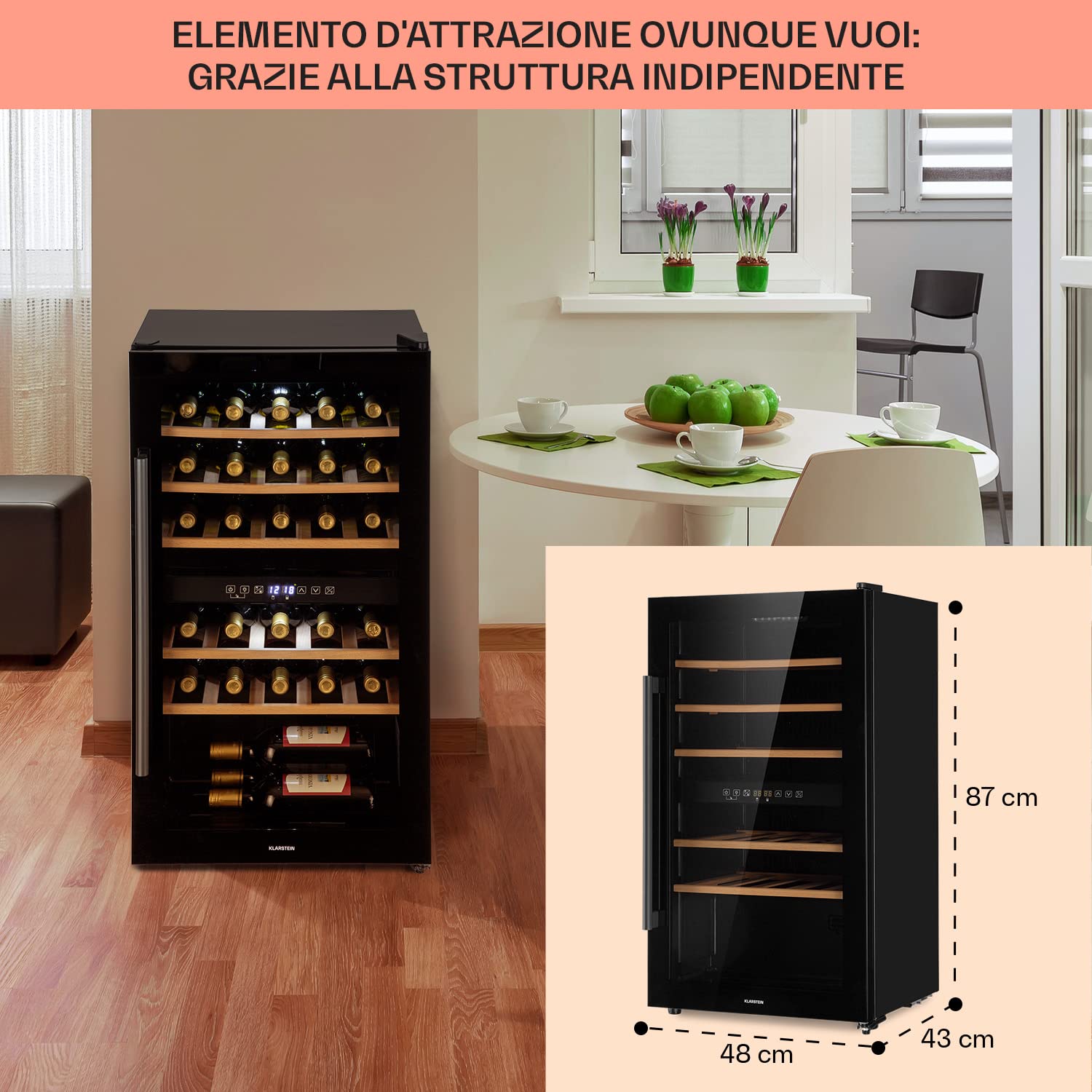 Klarstein Cantinetta Vino, Cantinetta Vino Refrigerata a Zona Doppia per Interno/Esterni, Frigo Bar, Cantina Vino con Vetrina, Mini Bar con Protezione UV, Frigo Vino Touch, 5-22°C, 29 Bottiglie