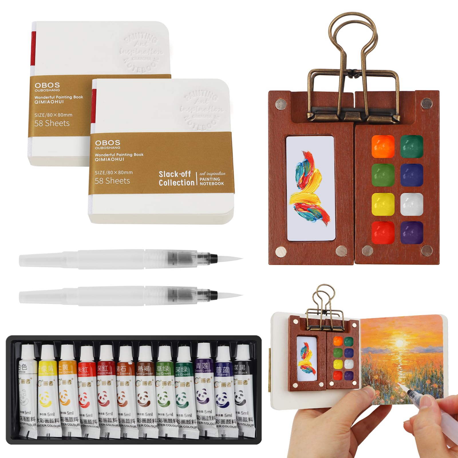 FICOFISE Portable Pocket Artist Travel Watercolour Set,7 Pcs Mini Watercolour Paint Set Travel, Painting Set with 8 Grids Foldable Wooden Palette Sketchbook Brush Metal Clip for Students & Artists