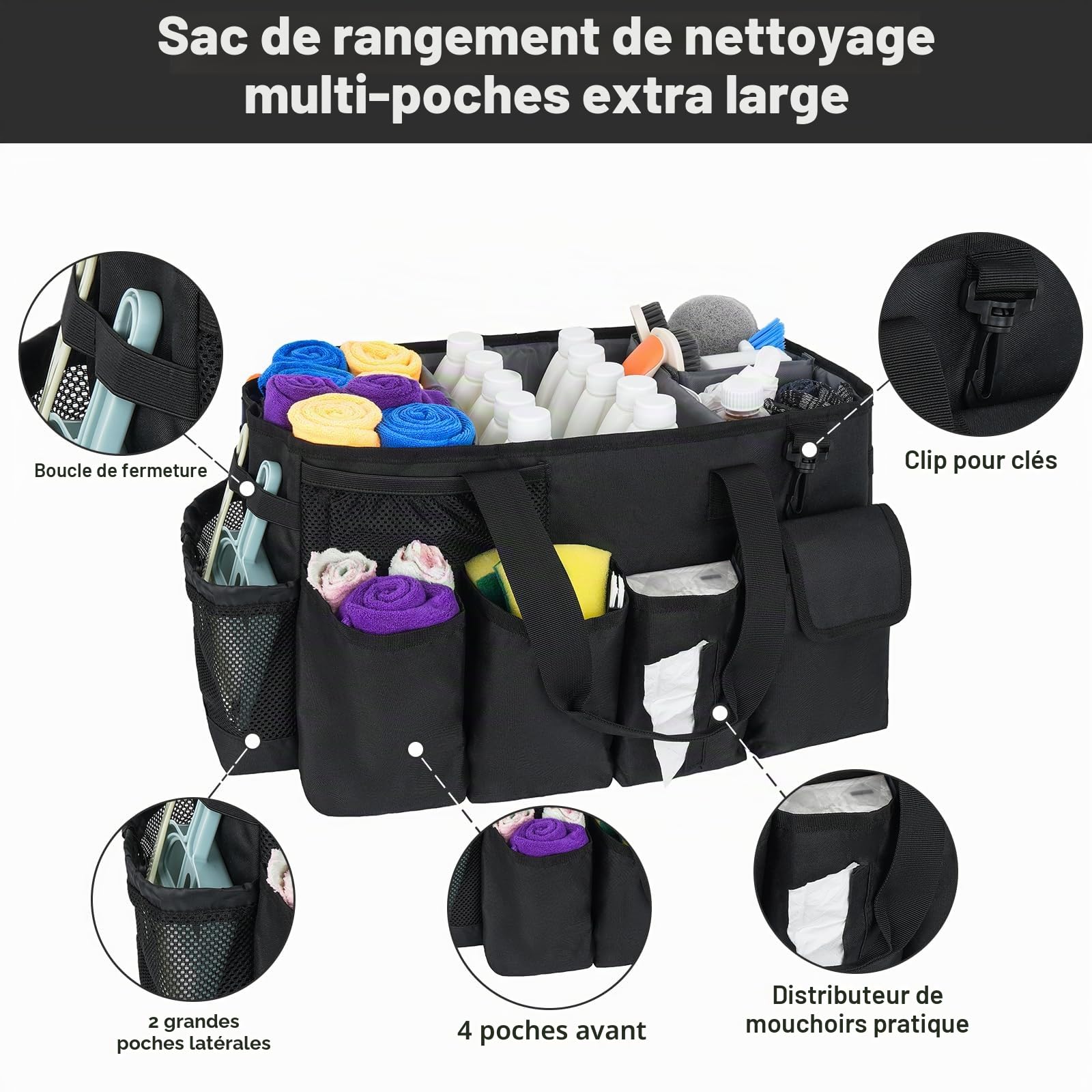 Sac de Nettoyage Portable,XL Organiseur de Fournitures de Nettoyage avec poignée,Bretelles et séparation Amovible,Organiseur d'outils de Nettoyage pour Nettoyeurs et Femmes de Ménage (Noir)